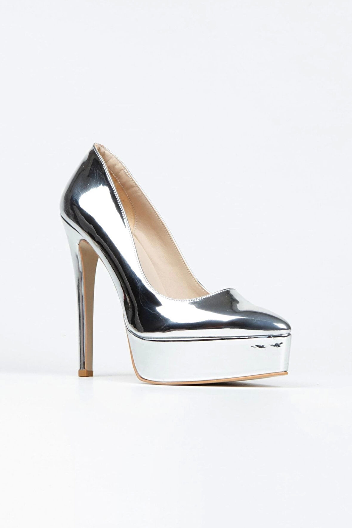 Gümüş Ayna Klasik Sivri Ince Topuklu Sivri Platformlu Kadın Abiye Ayakkabı Kadın Topuklu Şık