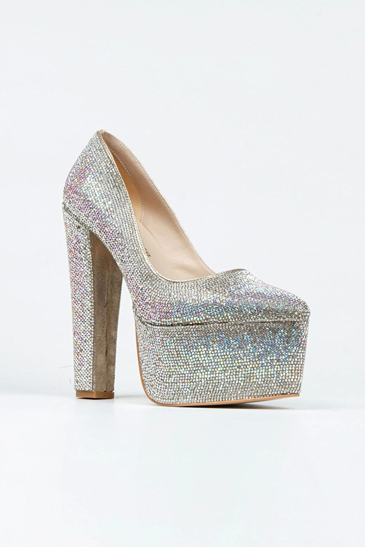 Gold Full Janjan Taşlı Klasik Sivri Kalın Topuklu Sivri Platformlu Kadın Abiye Ayakkabı Şık