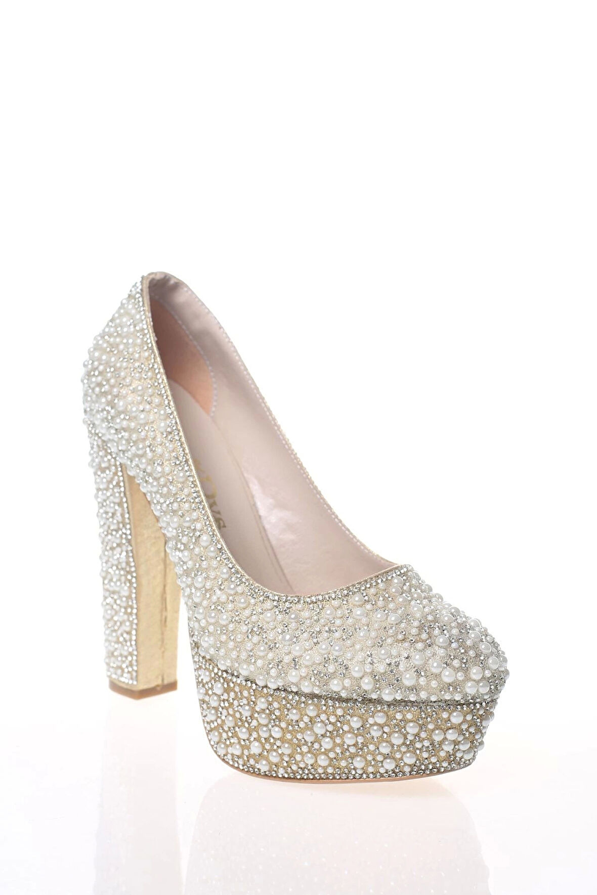 Kadın Gold Sultan Full Inci Taş Abiye Ayakkabı Kadın Topuklu Şık Gece Ayakkabısı Zarif Tasarım