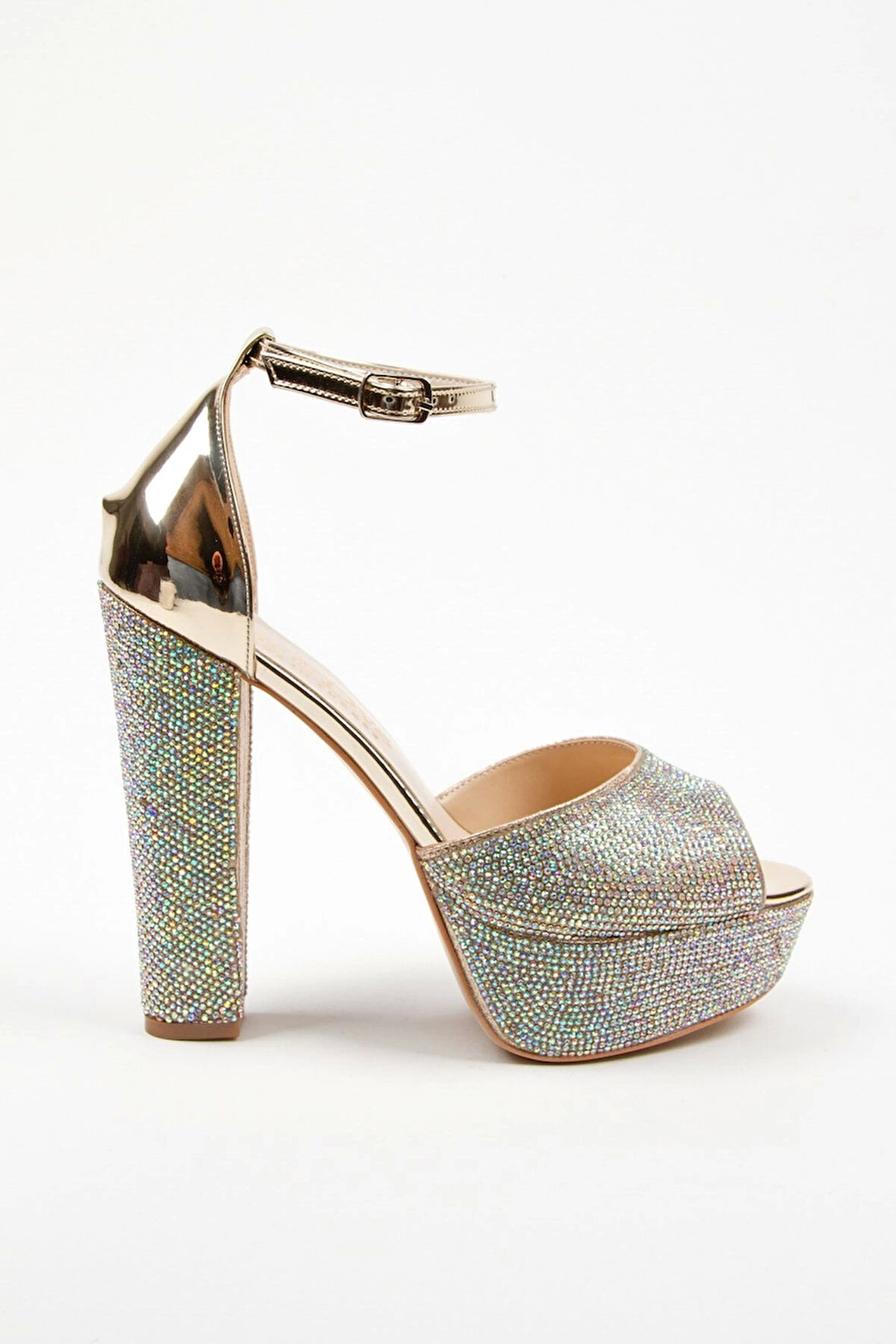 Gold Ayna Full Taş Topuklu Kadın Abiye Ayakkabı Kadın Topuklu Şık Gece Ayakkabısı Yüksek Topuk