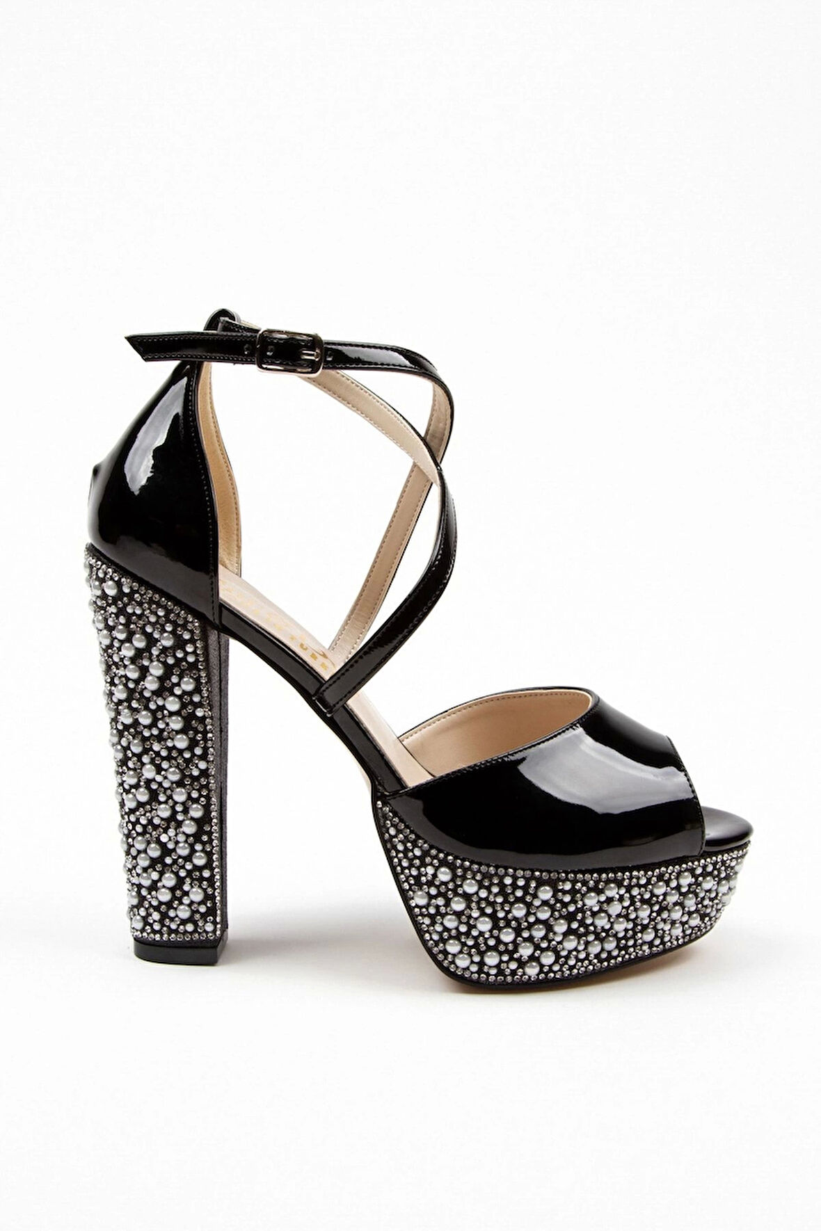 Siyah Rugan Ökçe Poli Inci Topuklu Kadın Abiye Ayakkabı Kadın Topuklu Şık Gece Ayakkabısı