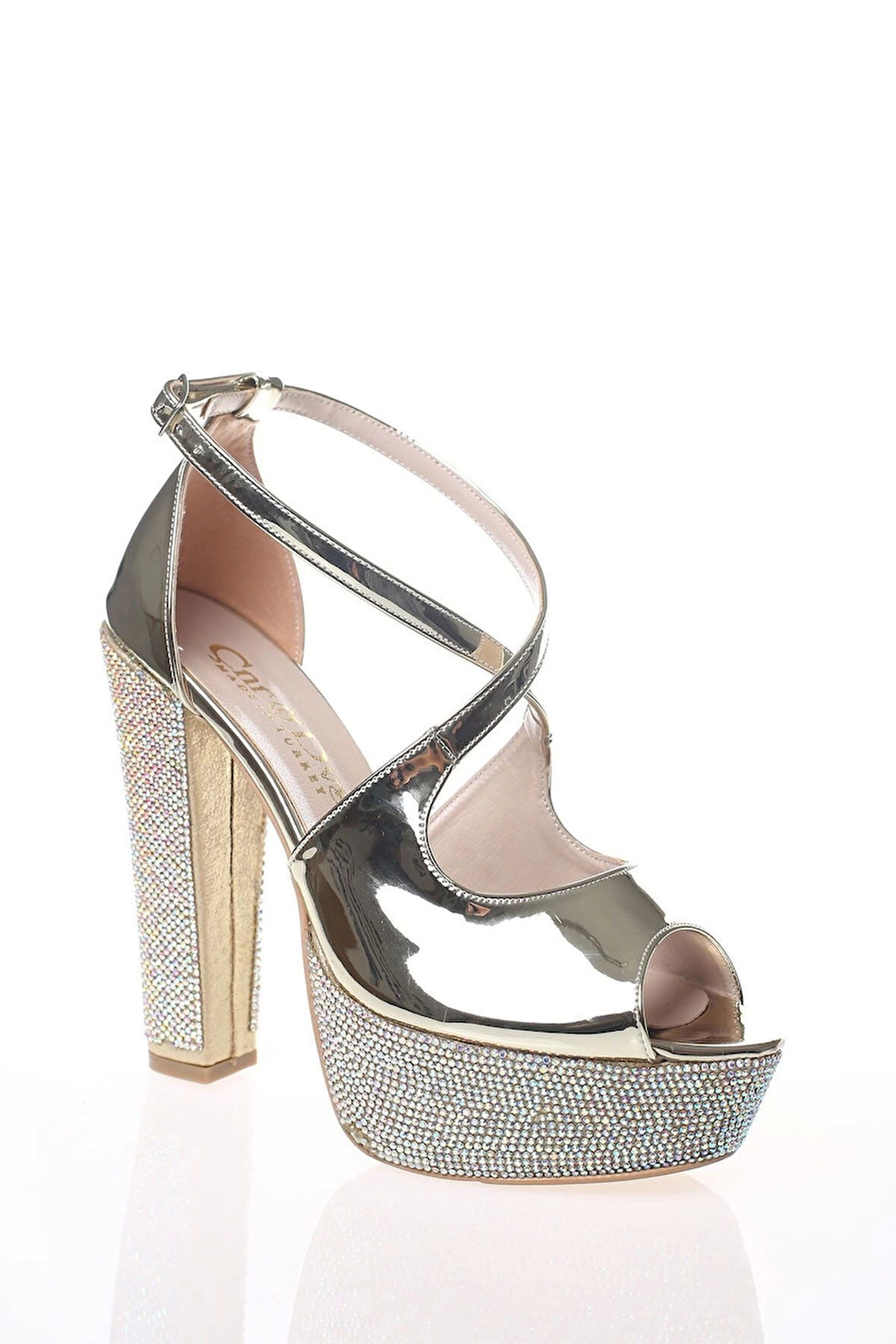 Kadın Gold Ayna Ökçe Poli Taş Abiye Ayakkabı Kadın Topuklu Şık Gece Ayakkabısı Zarif Tasarım