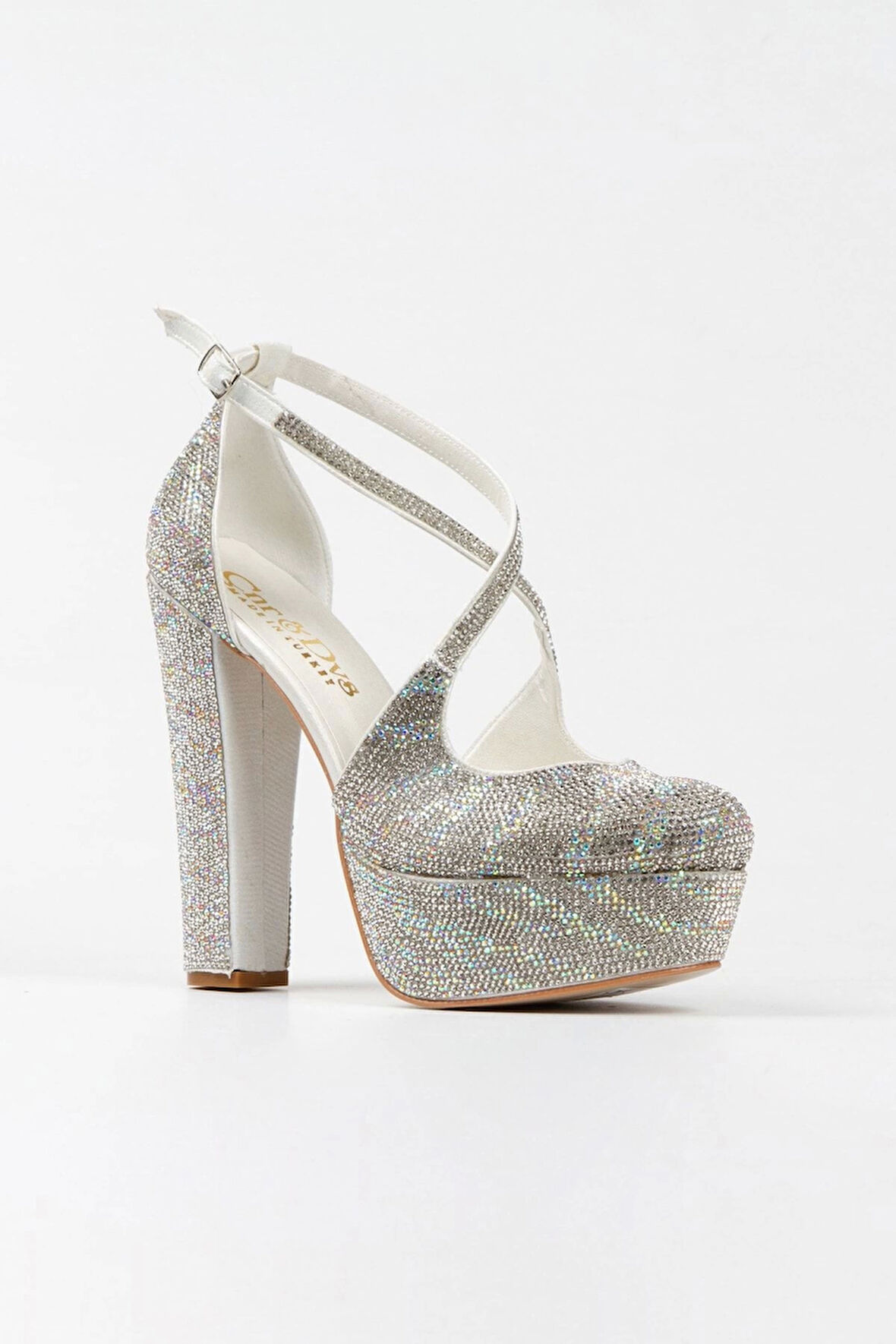 Gümüş Sultan Çift Renk Taşlı Çapraz Model Klasik Topuklu Platformlu Kadın Abiye Ayakkabı Şık