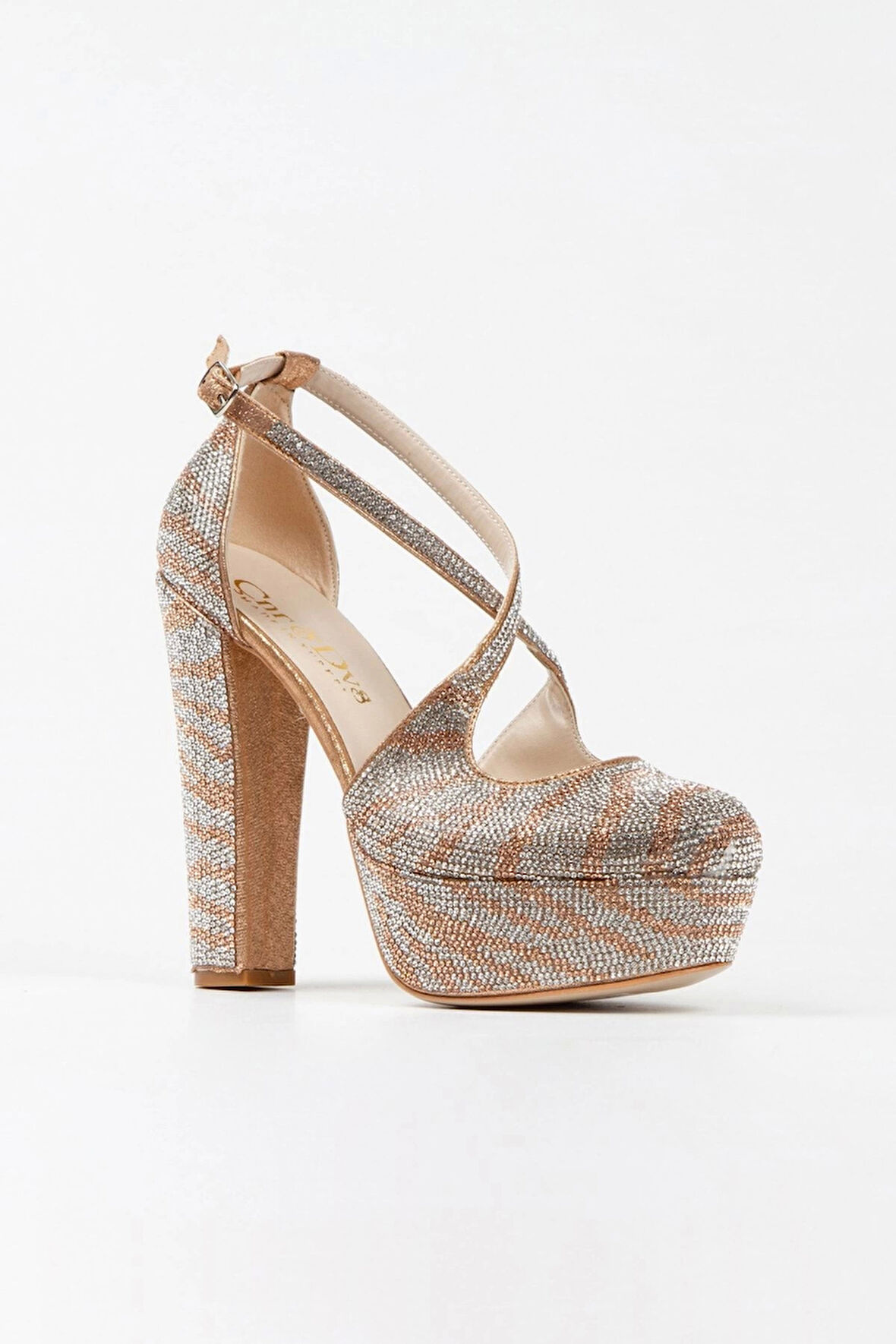 Gümüş Sultan Çift Renk Taşlı Çapraz Model Klasik Topuklu Platformlu Kadın Abiye Ayakkabı Şık