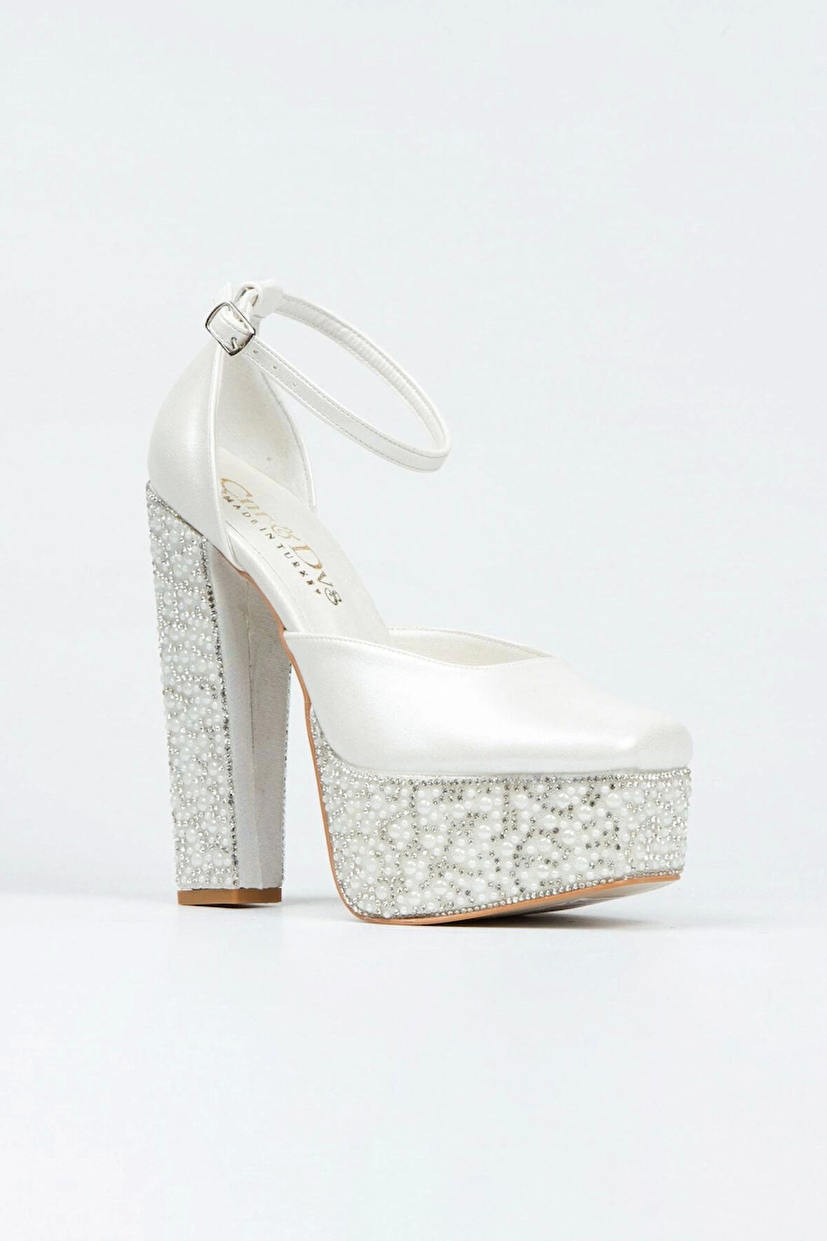 Sedef Cilt Ökçe Poli Inci Taşlı Klasik Köşe Kalıplı Kalın Topuklu Kadın Abiye Ayakkabı Kadın Topuklu