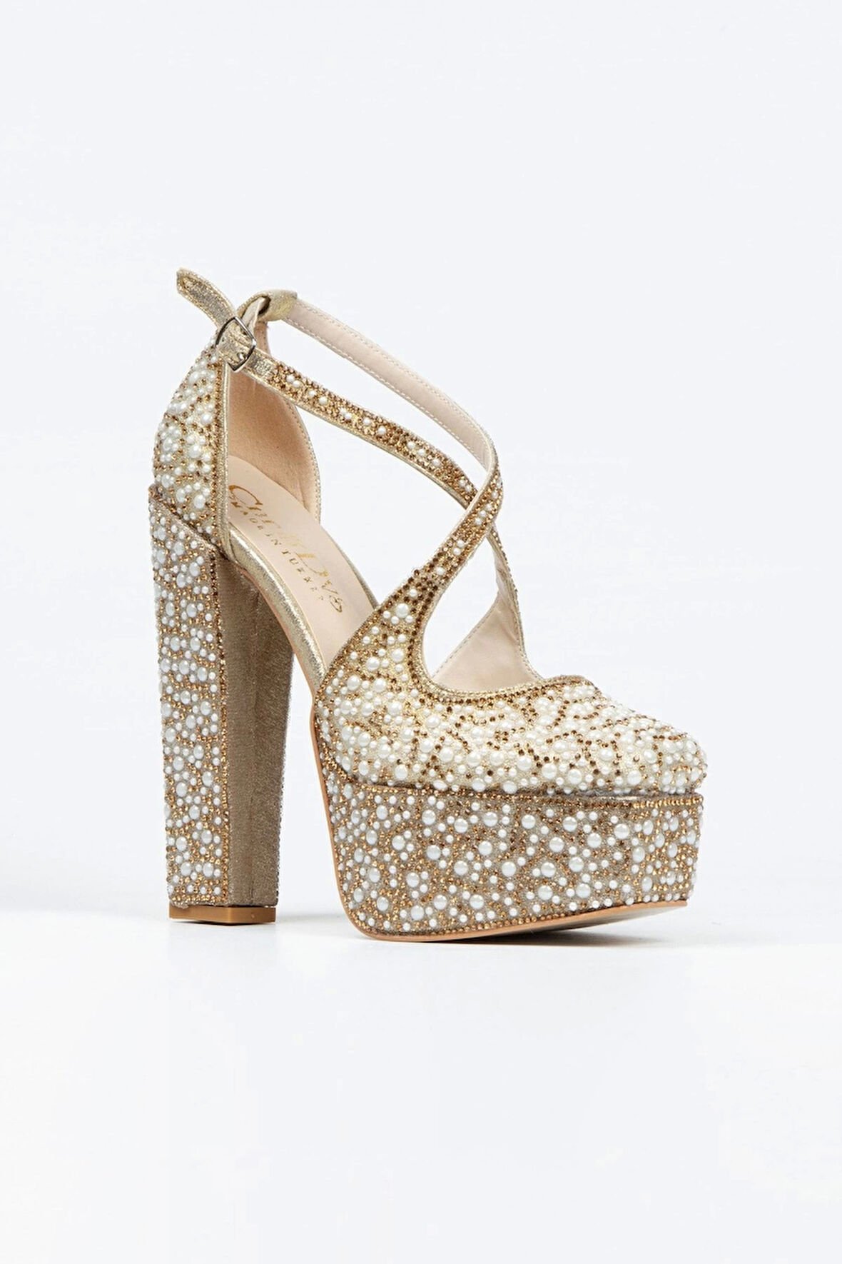 Gümüş Ayna Full Inci Taşlı Klasik Köşe Kalıplı Kalın Topuklu Kadın Abiye Ayakkabı Kadın Topuklu Şık