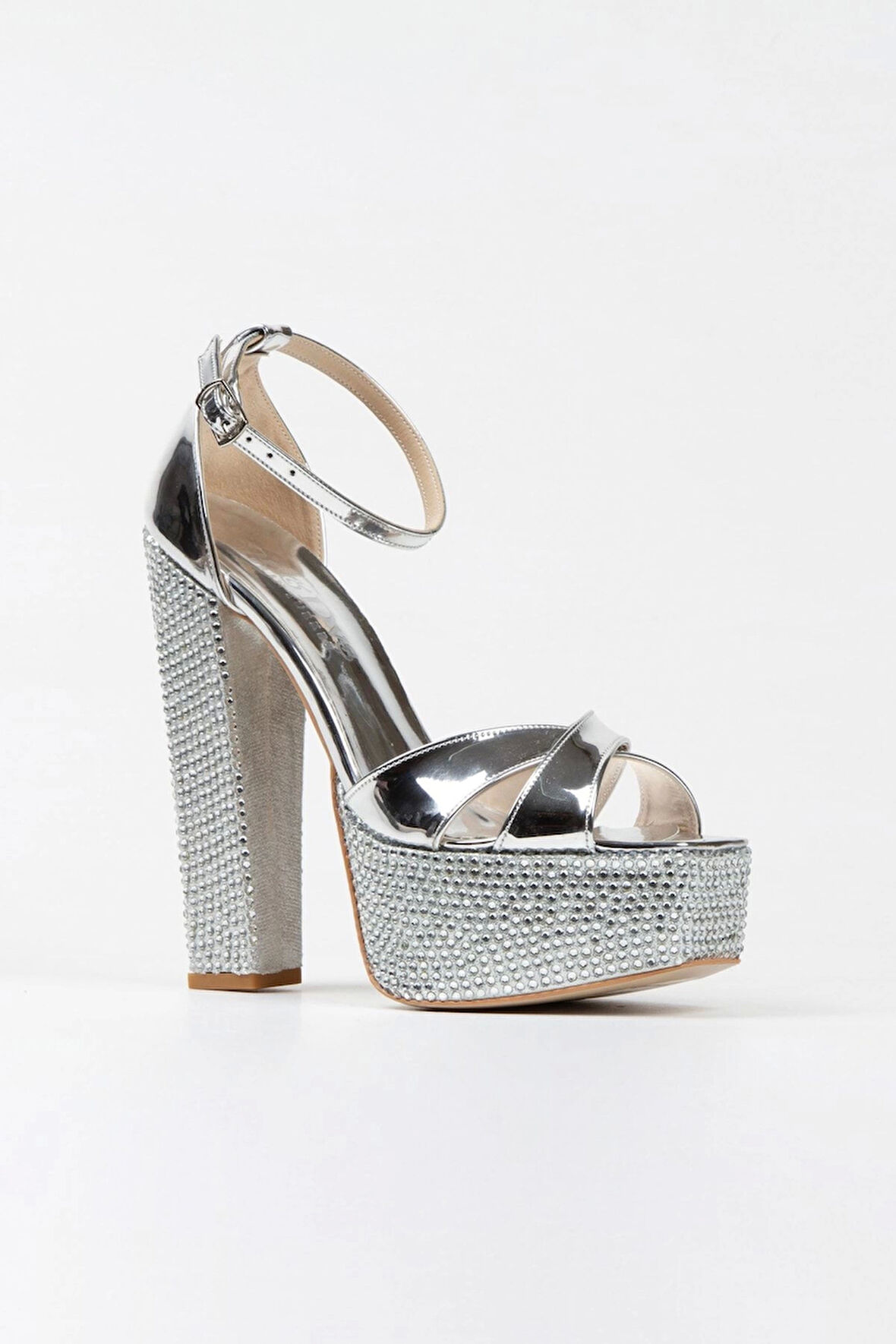 Gümüş Ayna Ökçe Poli Taşklasik Köşe Kalıplı Kalın Topuklu Kadın Abiye Ayakkabı Kadın Topuklu Şık