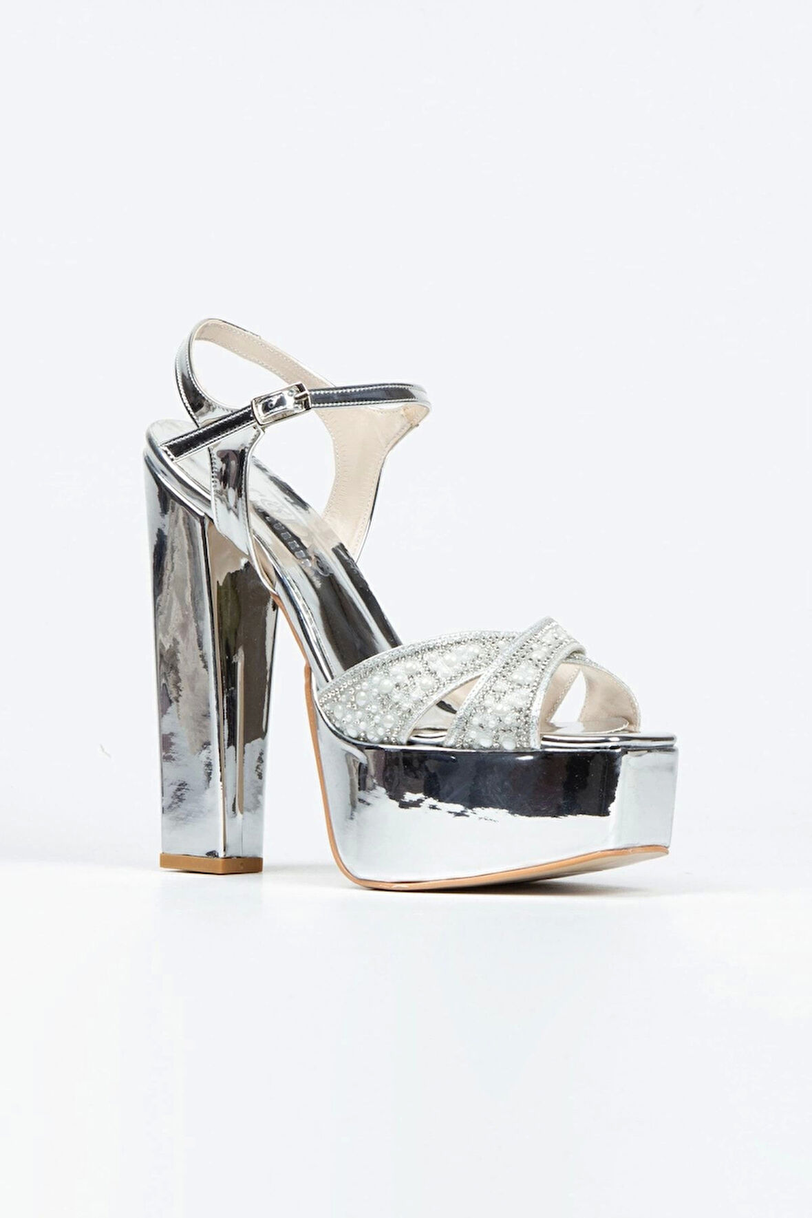 Gümüş Ayna Yüz Inci Taşlı Klasik Köşe Kalıplı Kalın Topuklu Kadın Abiye Ayakkabı Kadın Topuklu Şık