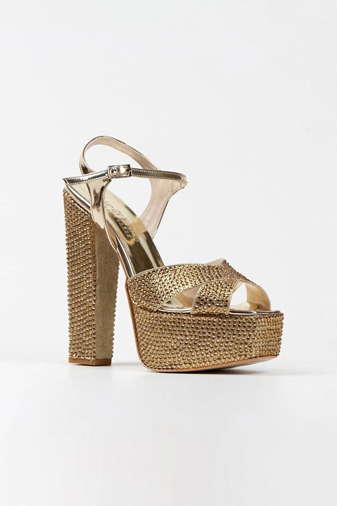 Gold Ayna Full Taşlı Klasik Köşe Kalıplı Kalın Topuklu Kadın Abiye Ayakkabı Kadın Topuklu Şık