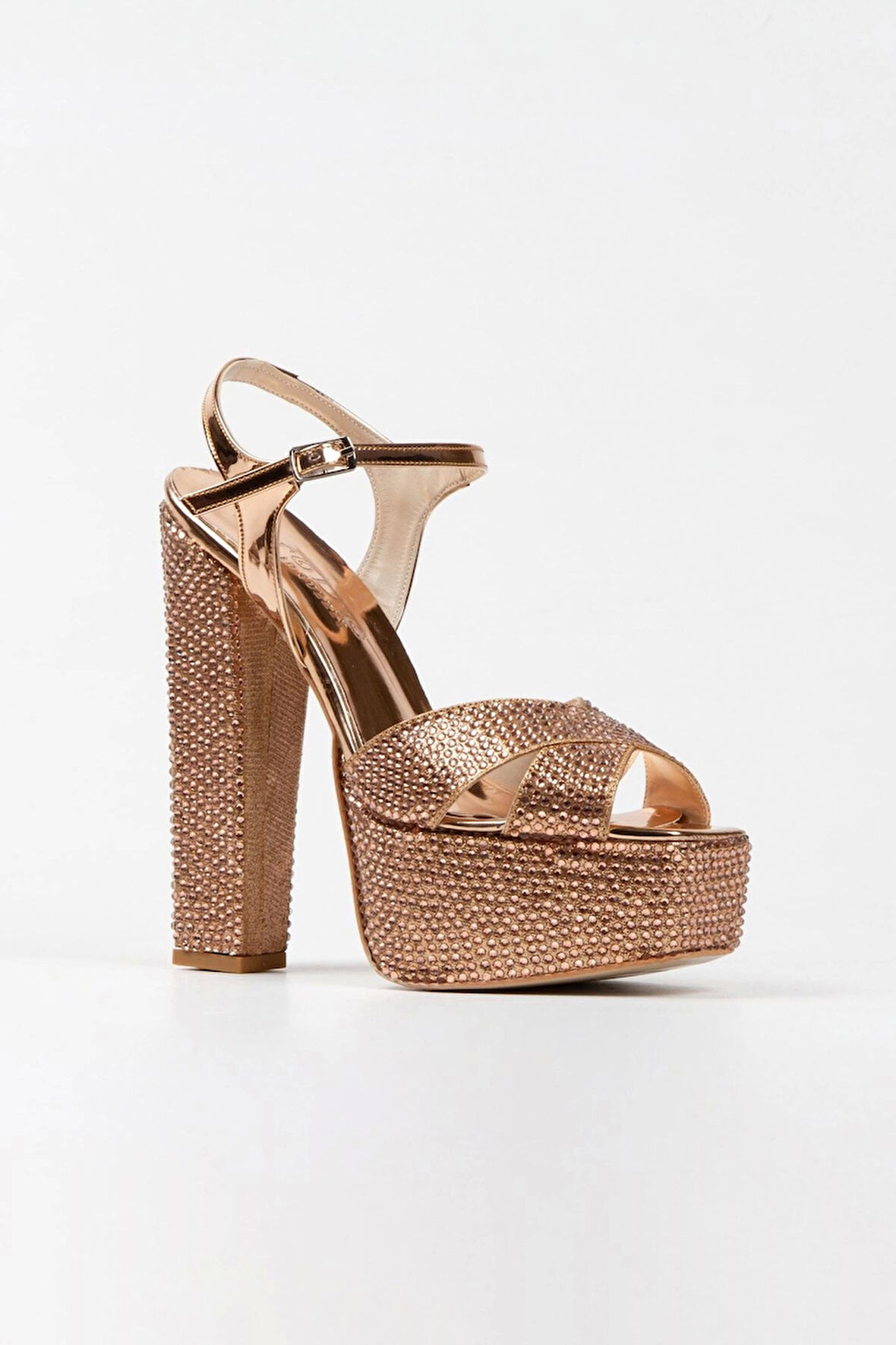 Gold Ayna Full Taşlı Klasik Köşe Kalıplı Kalın Topuklu Kadın Abiye Ayakkabı Kadın Topuklu Şık