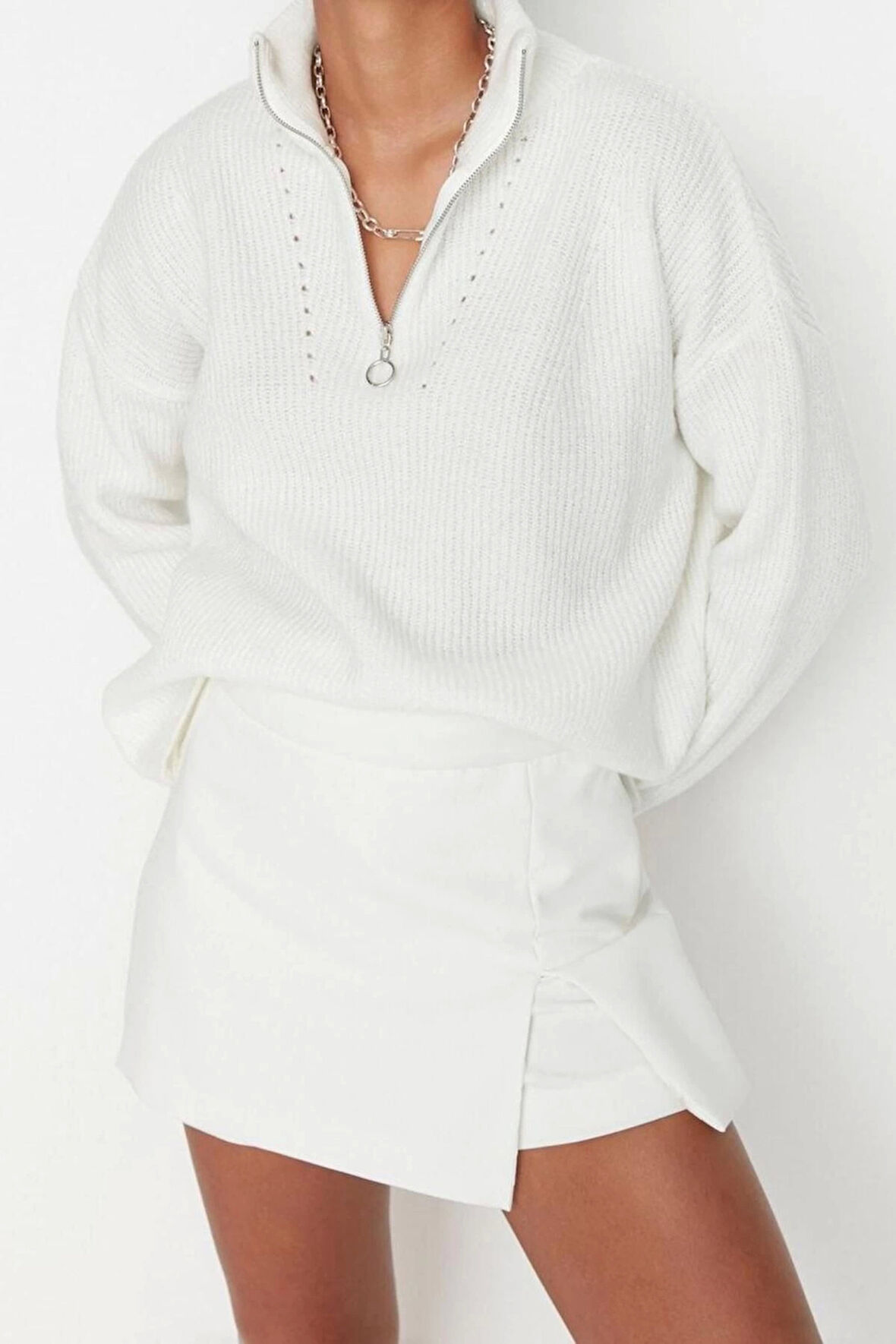 Kadın Modern Tarz Rahat Uzun Dik Yaka Düz Kol Regular Triko Kazak