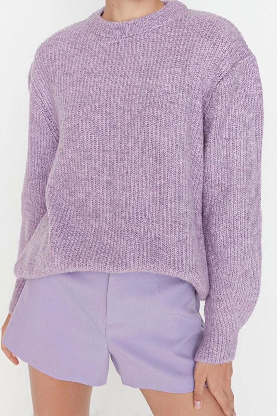 Kadın Modern Tarz Rahat Uzun Bisiklet Yaka Dokulu Kol Regular Triko Kazak