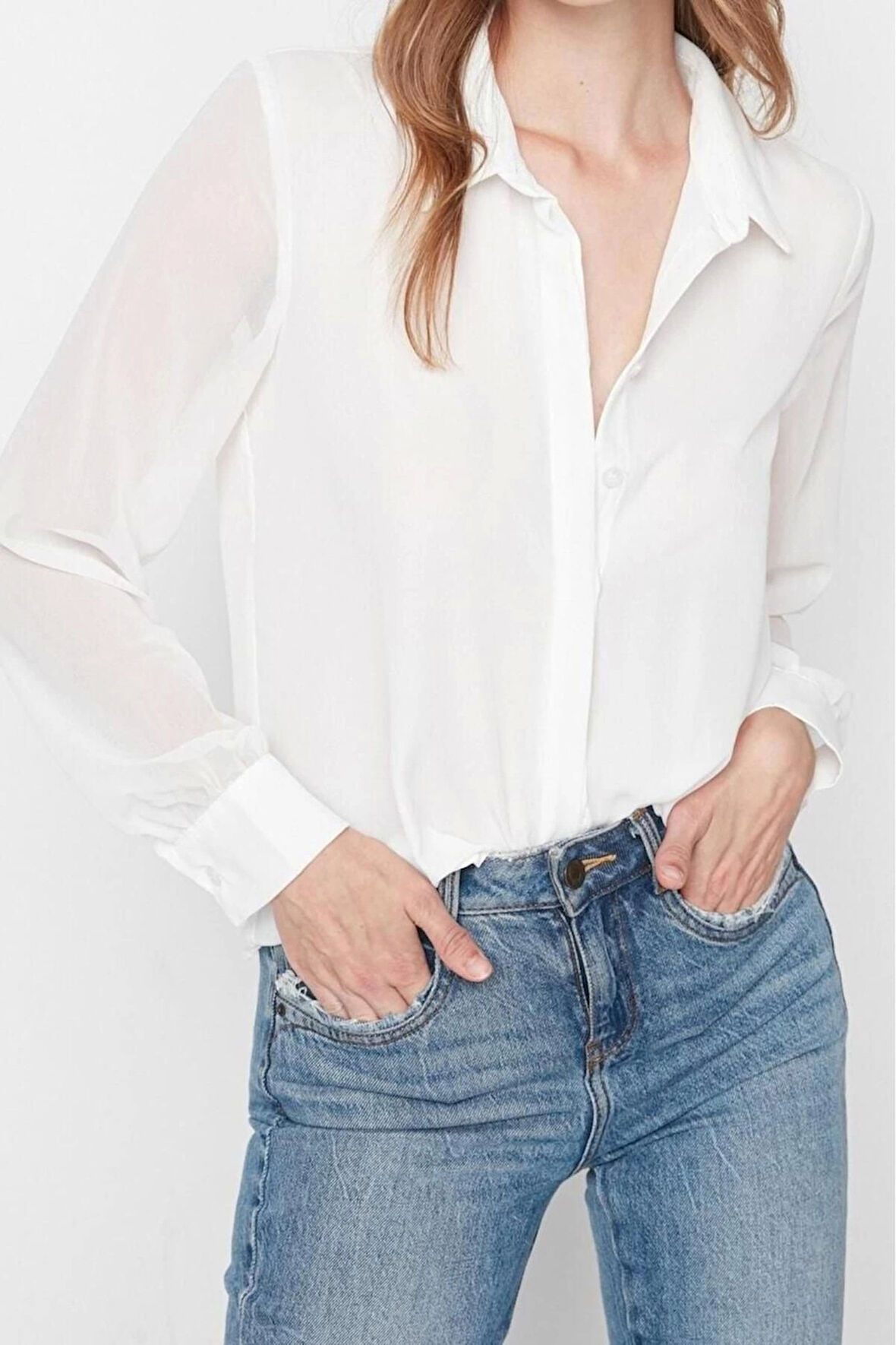 Moda Kadın Gömlek Yaka Düz Desen Günlük Kolları Transparan Regular Normal Kalıp Dokuma Gömlek