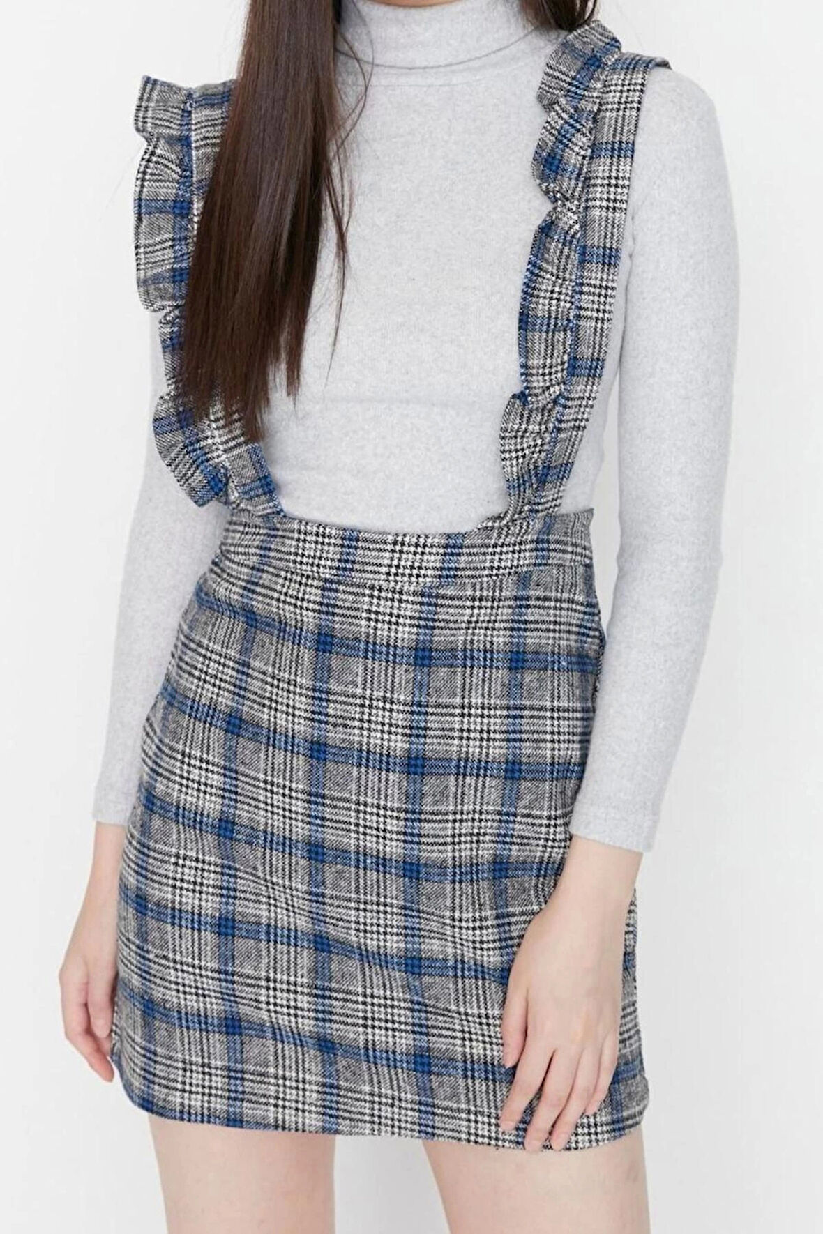 Moda Regular Casual Günlük Flanel Dokuma Kare Yaka Askılı Kol Jile Mini Boy Elbise