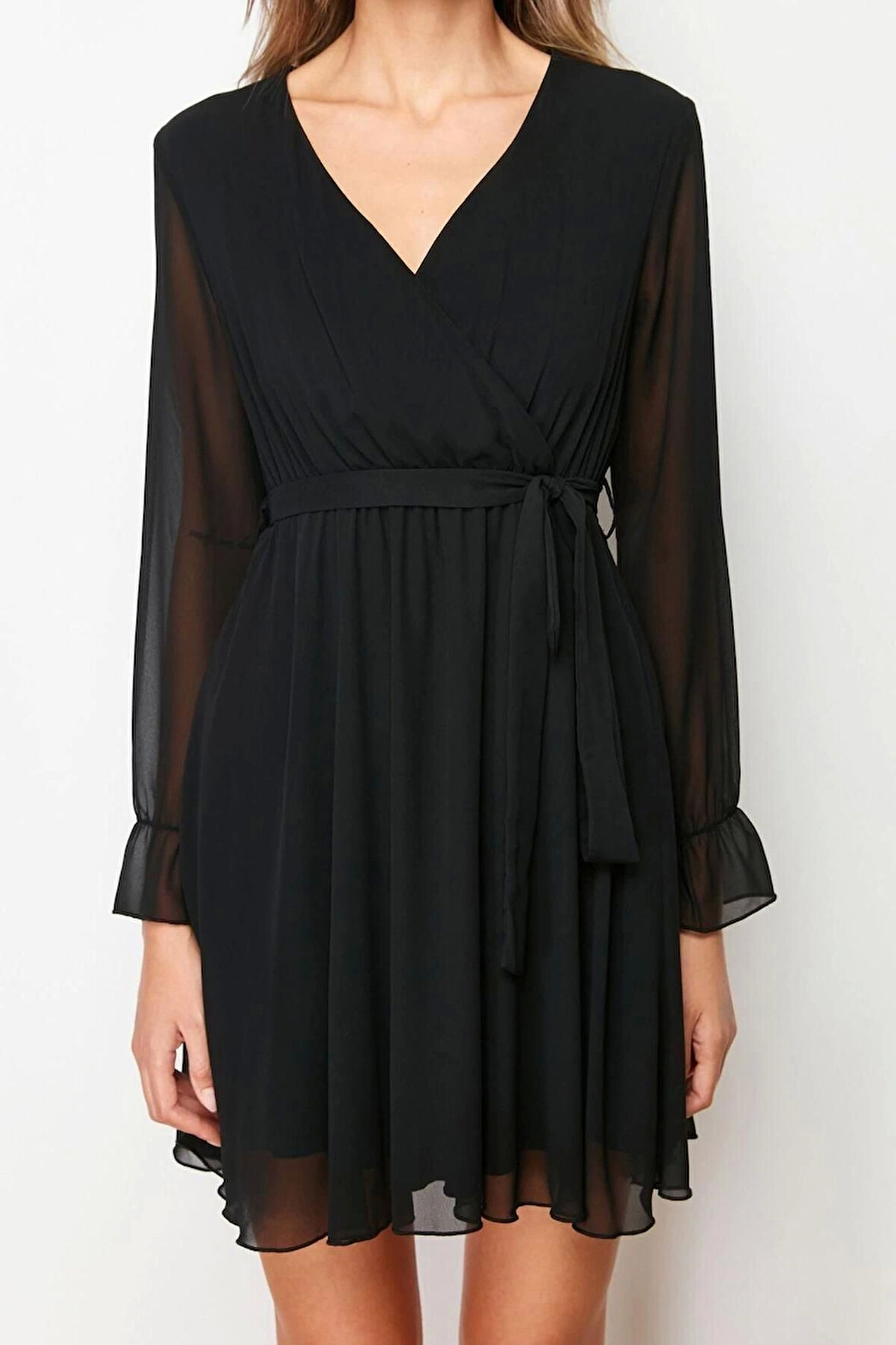 Moda Fit Gündüz Gece Şifon Dokuma Kruvaze Uzun Kol Skater Mini Boy Elbise