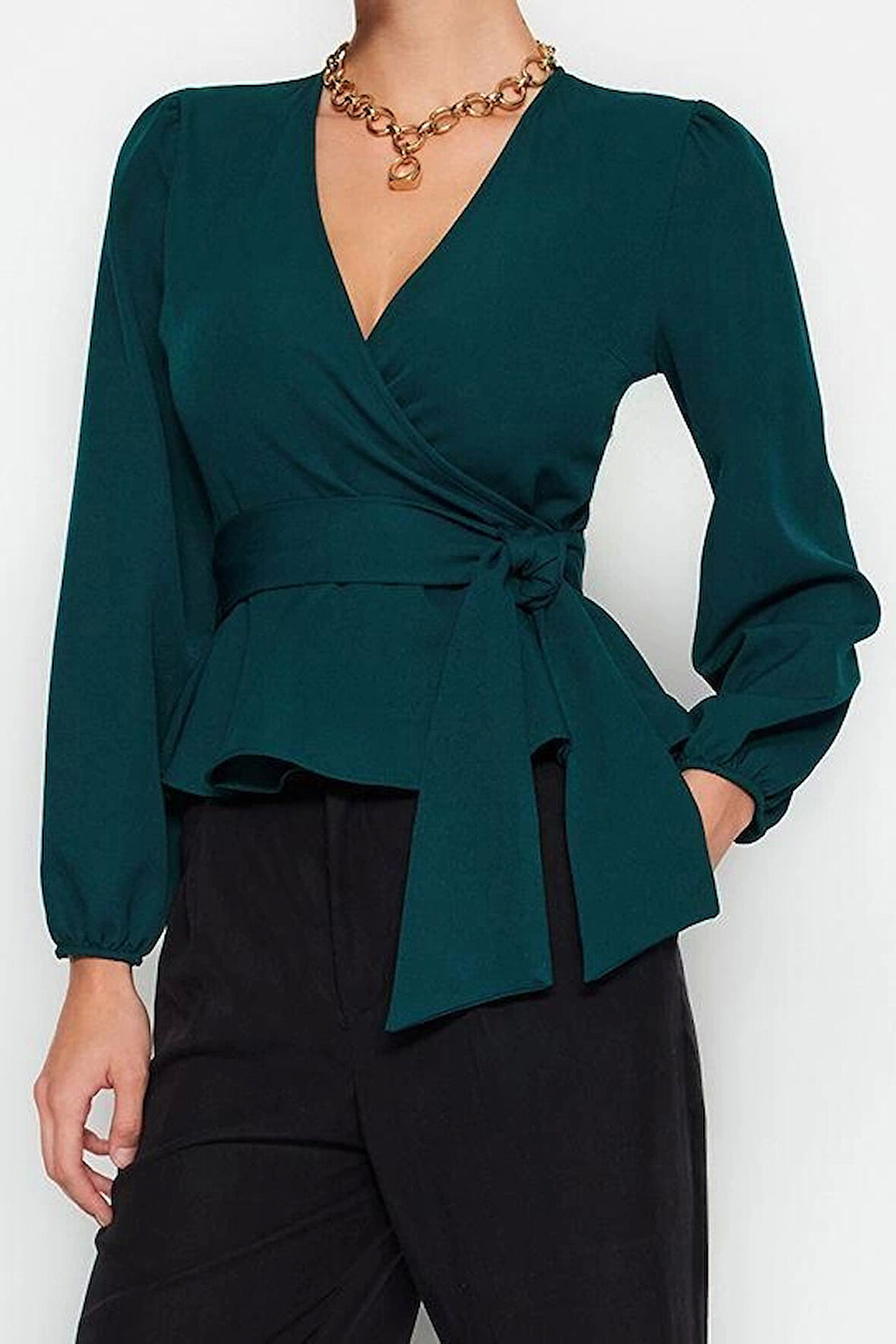 Moda Kruvaze Dokuma Regular Düz Desen Resmi Regular Uzun Kol Bluz