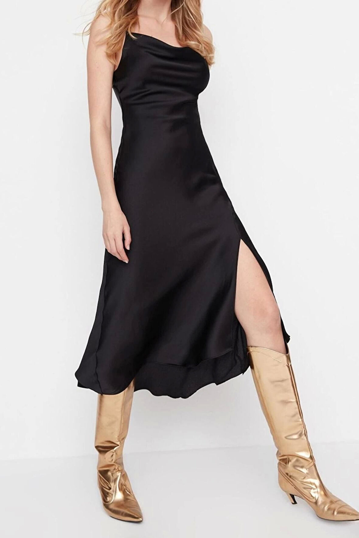 Moda Fit Mezuniyet Balo Saten Dokuma Degaje Yaka Askılı Kol Shift Midi Boy Elbise