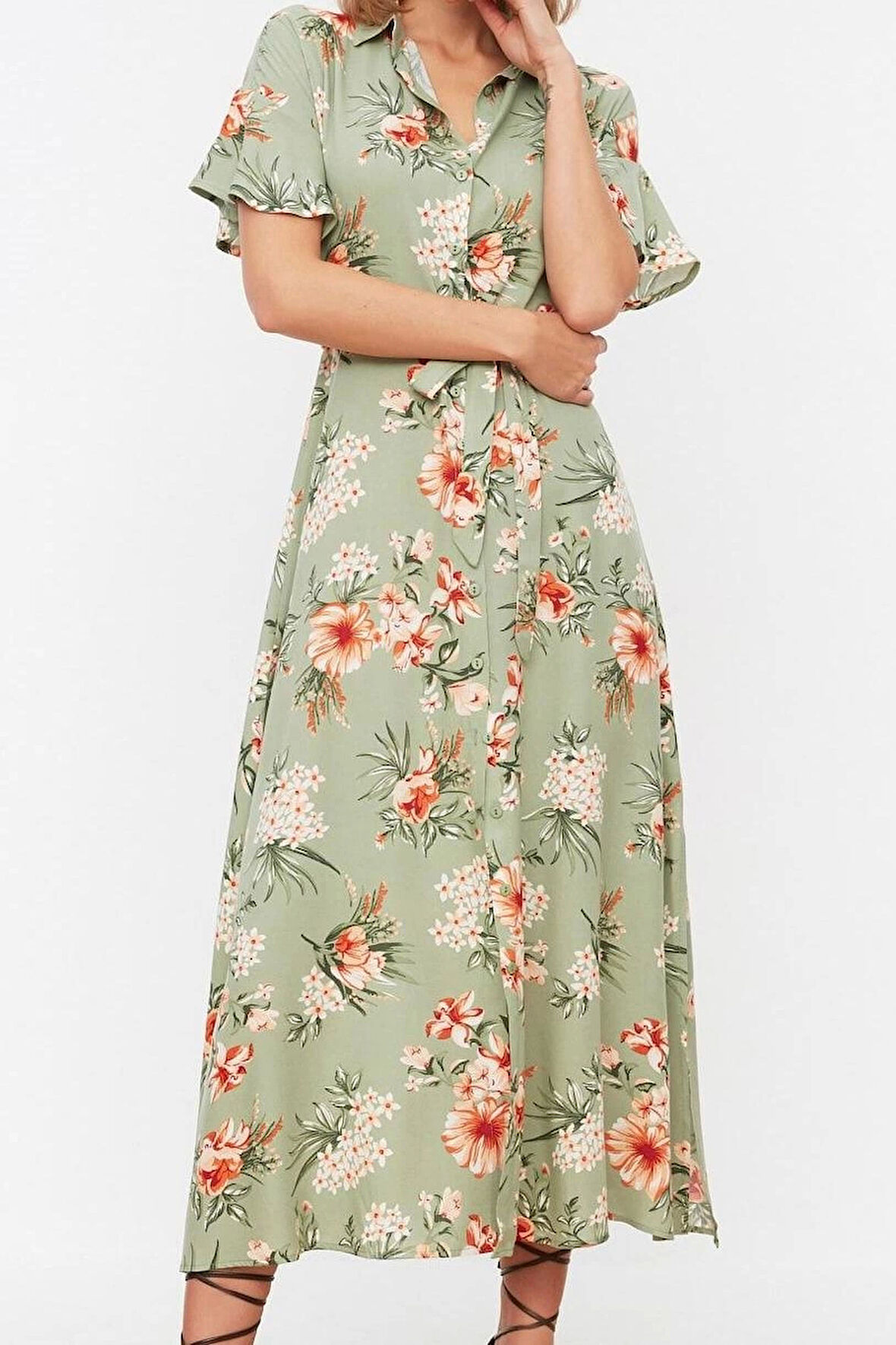 Moda Regular Casual Günlük Shally Dokuma Gömlek Yaka Kısa Kol Gömlek Elbise Midi Boy Elbise