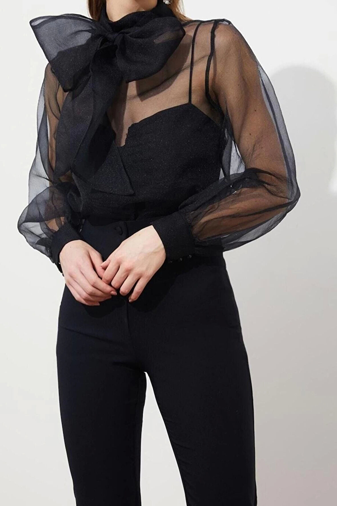 Moda Dik Yaka Dokuma Slim Fit Düz Desen Şık gece Regular Uzun Kol Bluz