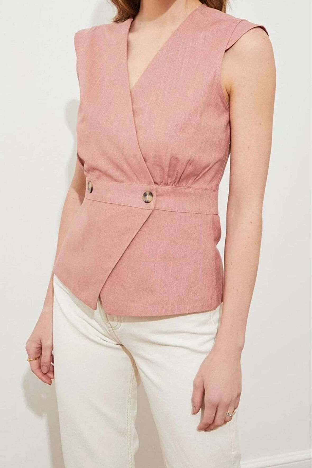 Moda Kruvaze Dokuma Fit Düz Desen Casual Günlük Regular Kolsuz Bluz