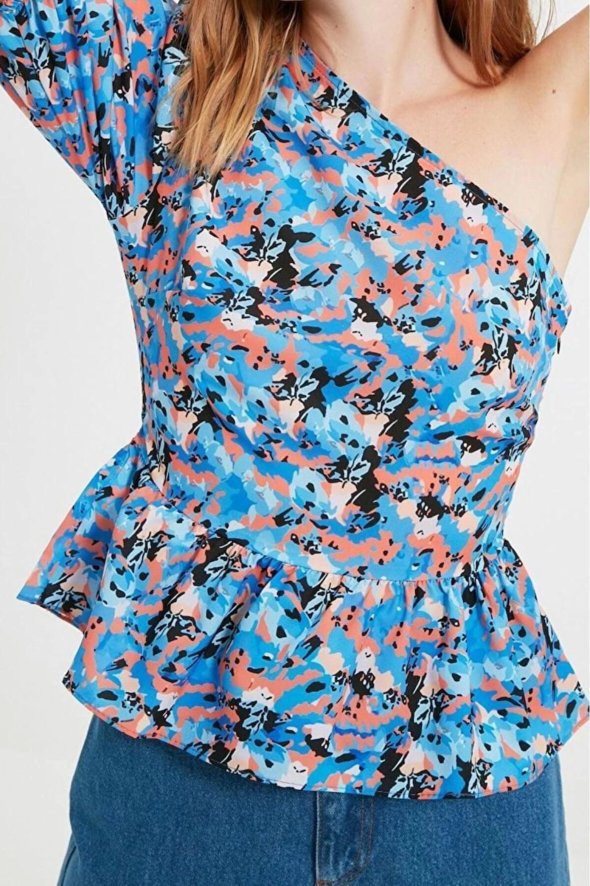 Moda Devrik Yaka Dokuma Regular Çiçekli Desen Casual Günlük Regular Kısa Kol Bluz