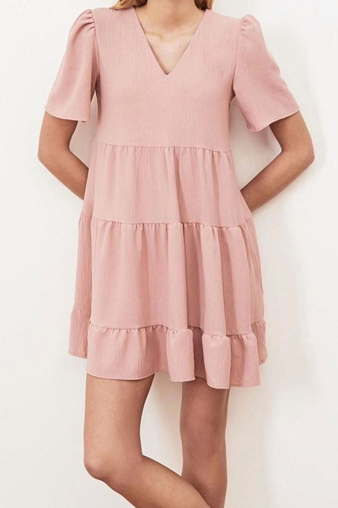 Moda Regular Casual Günlük Aerobin Dokuma V Yaka Kısa Kol Shift Mini Boy Elbise