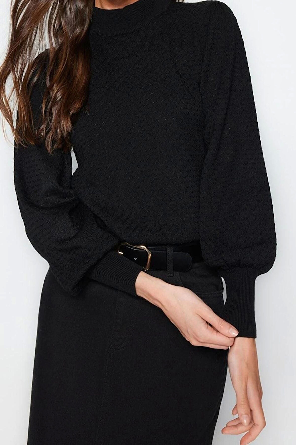 Kadın Modern Tarz Rahat Uzun Dik Yaka Dokulu Kol Regular Triko Kazak