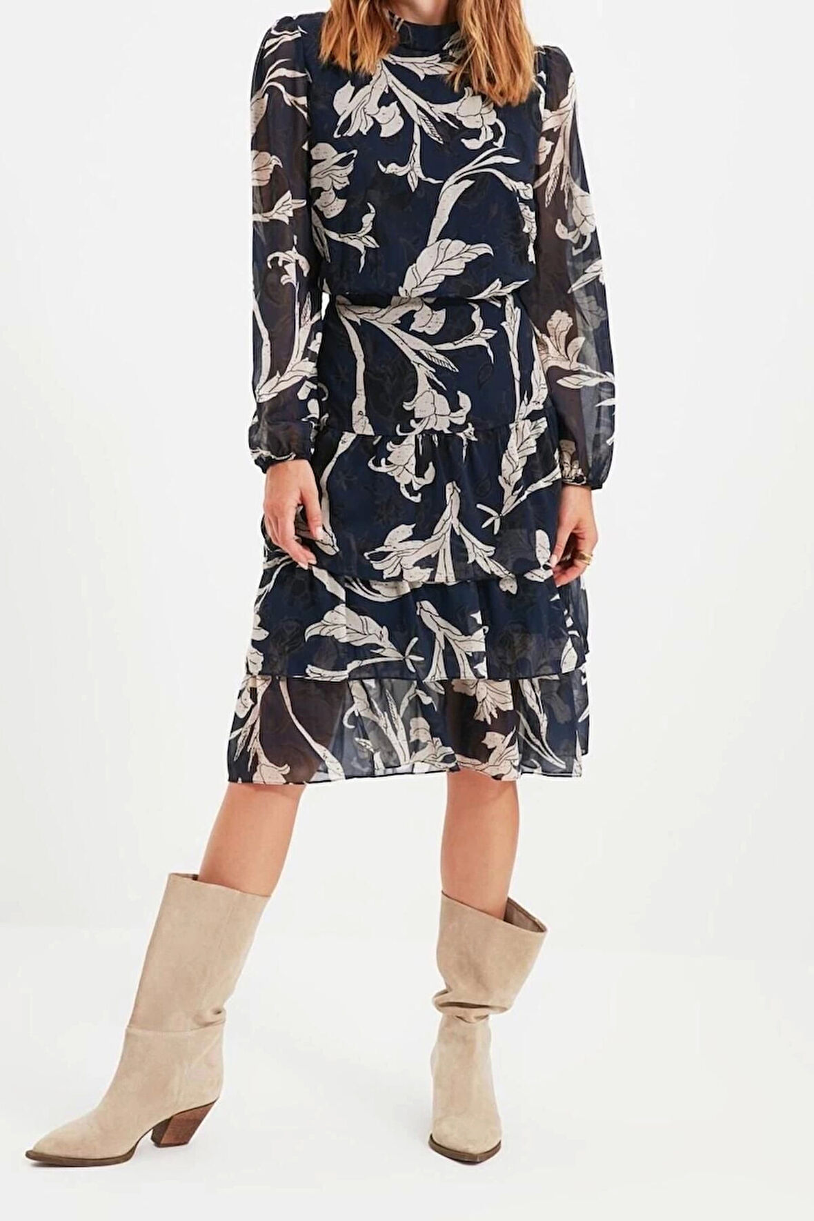 Moda Regular Gündüz Gece Şifon Dokuma Dik Yaka Uzun Kol Skater Midi Boy Elbise