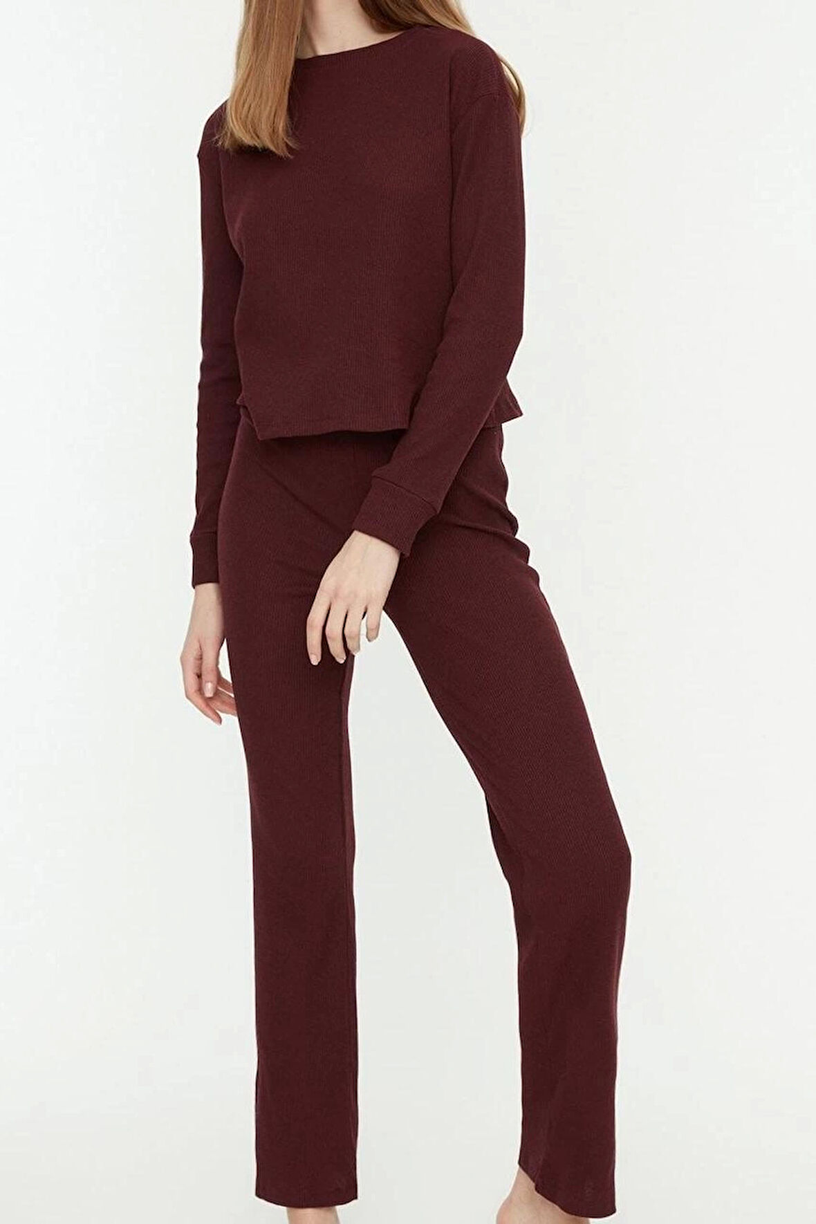 Tarz Rahat Uzun Kollu Boru Paça Fitilli Örme Pijama Takımı