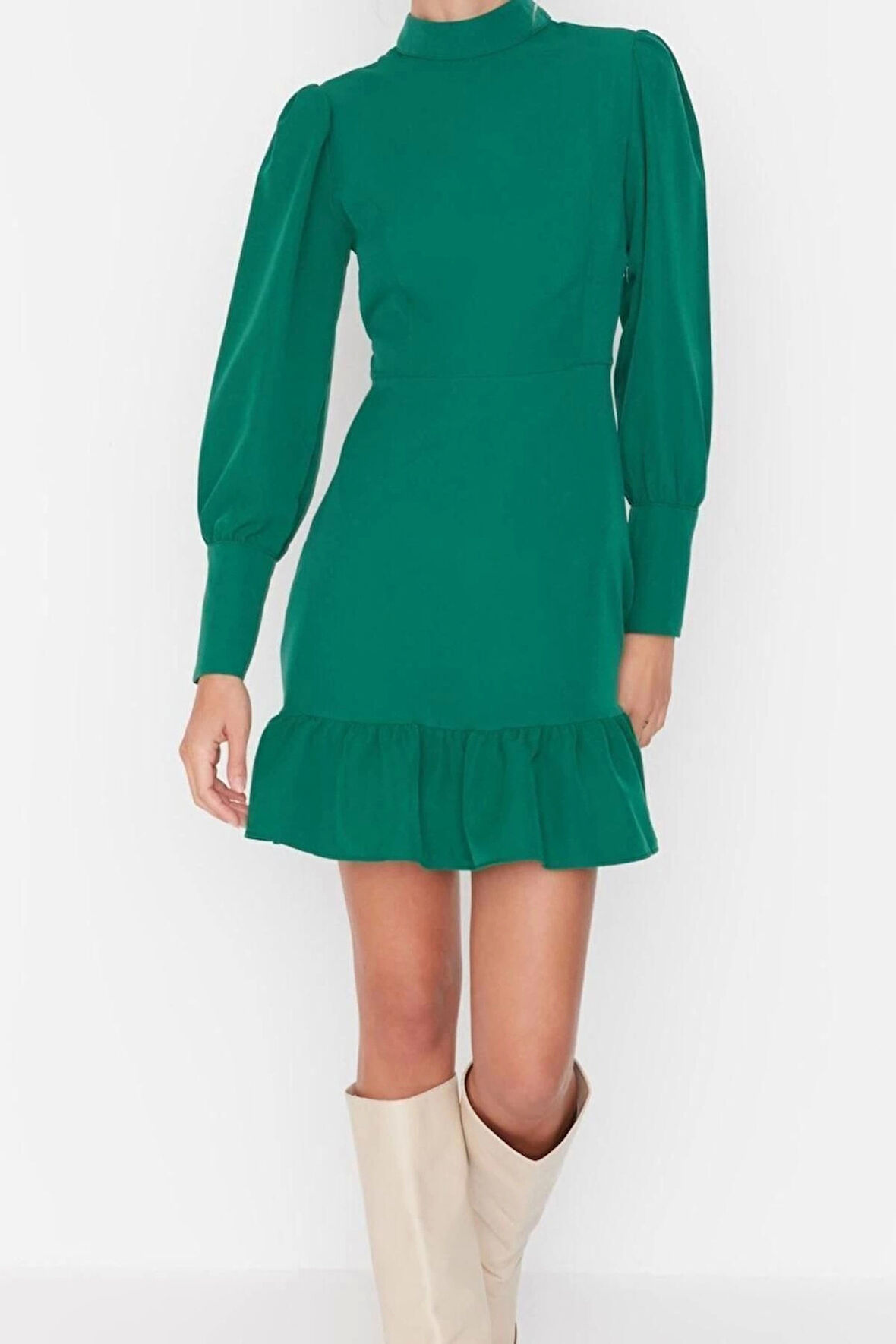 Moda Regular Business Finike Dokuma Dik Yaka Uzun Kol A-Line Mini Boy Elbise