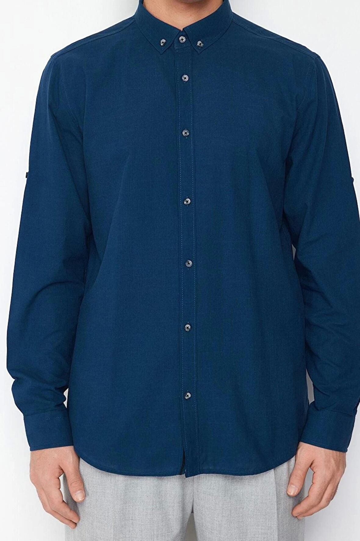 Moda Erkek Düğmeli Yaka Düz Desen Günlük Apoletli Uzun Kollu %100 Pamuklu Gömlek