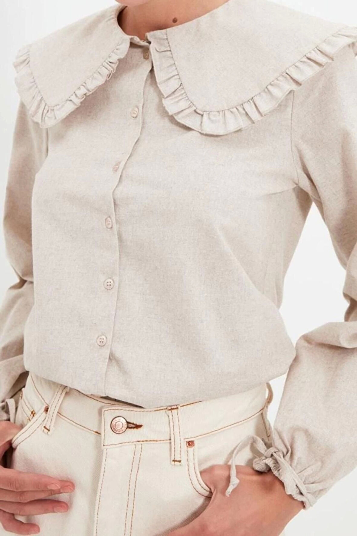 Moda Kadın Bebe Yaka Düz Desen Günlük Büyük Yaka Detaylı Dokuma Gömlek