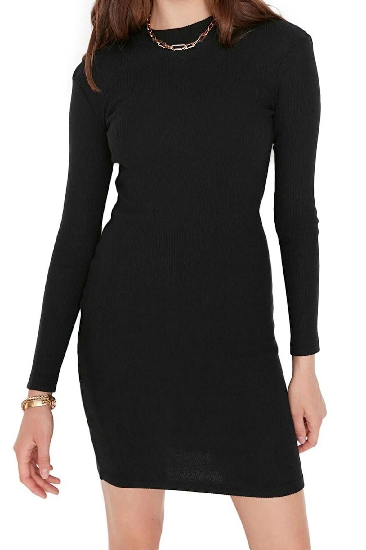 Moda Slim Casual Günlük Rejenere Kaşkorse Örme Dik Yaka Uzun Kol Bodycone Mini Boy Elbise