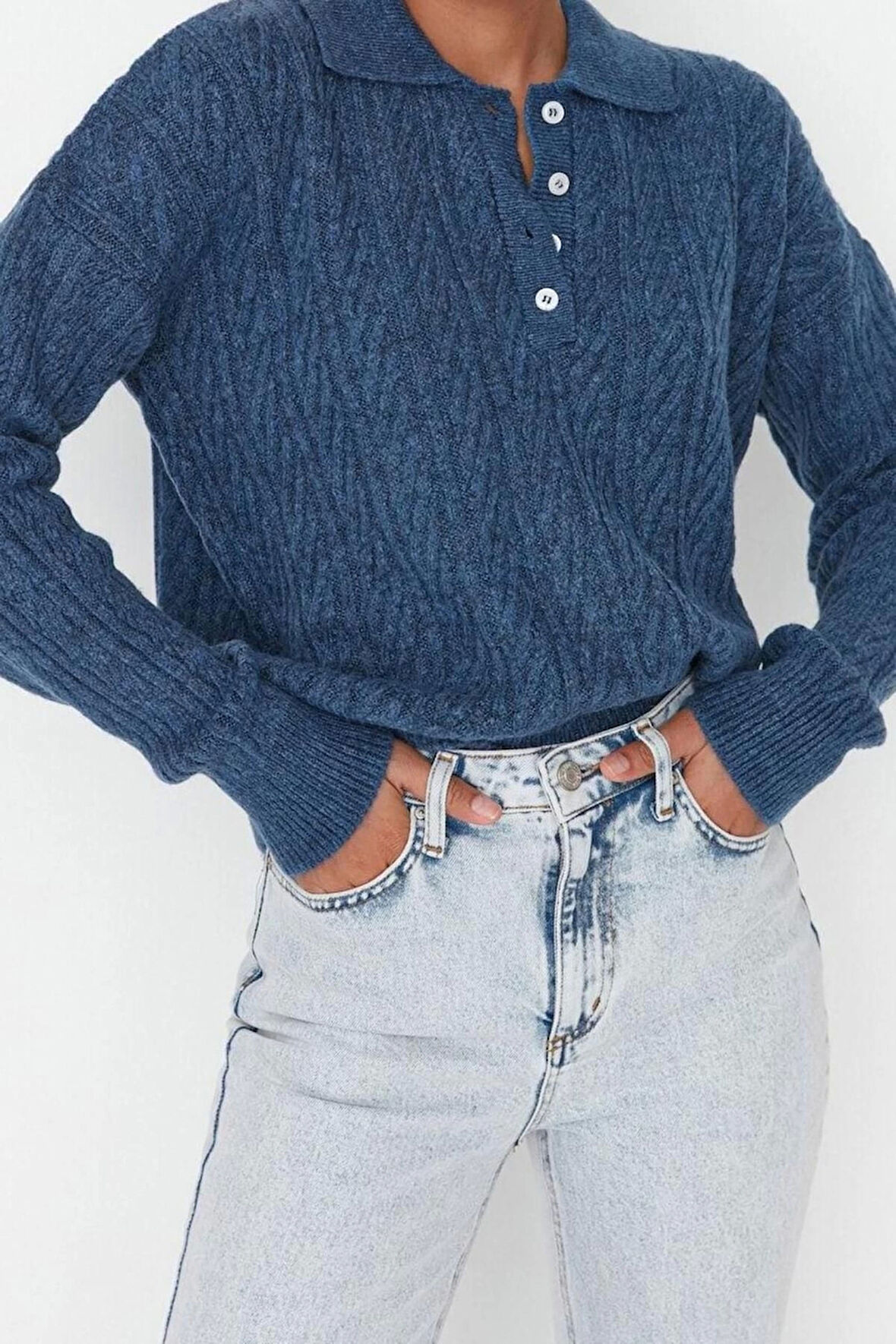 Kadın Modern Tarz Rahat Uzun Polo Yaka Saç Örgü Kol Regular Triko Kazak