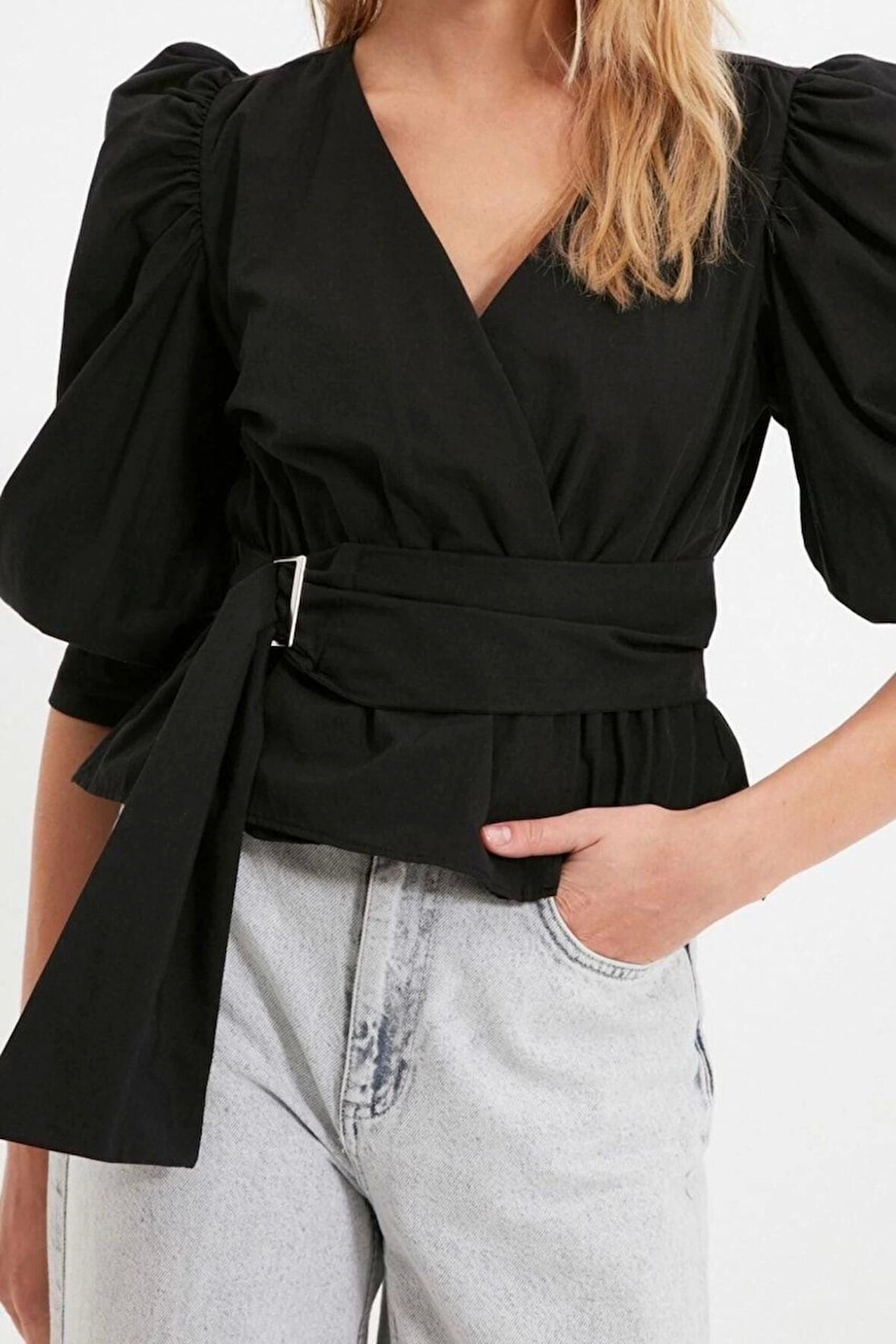 Moda Kruvaze Dokuma Regular Düz Desen Casual Günlük Regular Uzun Kol Bluz