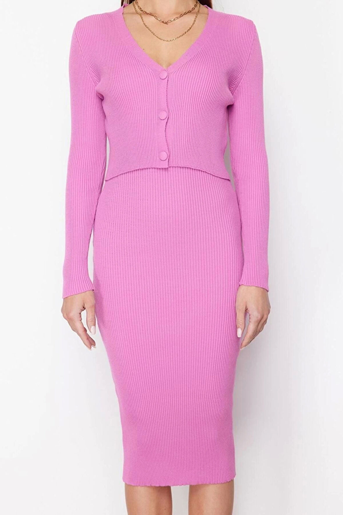 Moda Slim Casual Günlük Fitilli Triko V Yaka Uzun Kol Bodycone Midi Boy Elbise