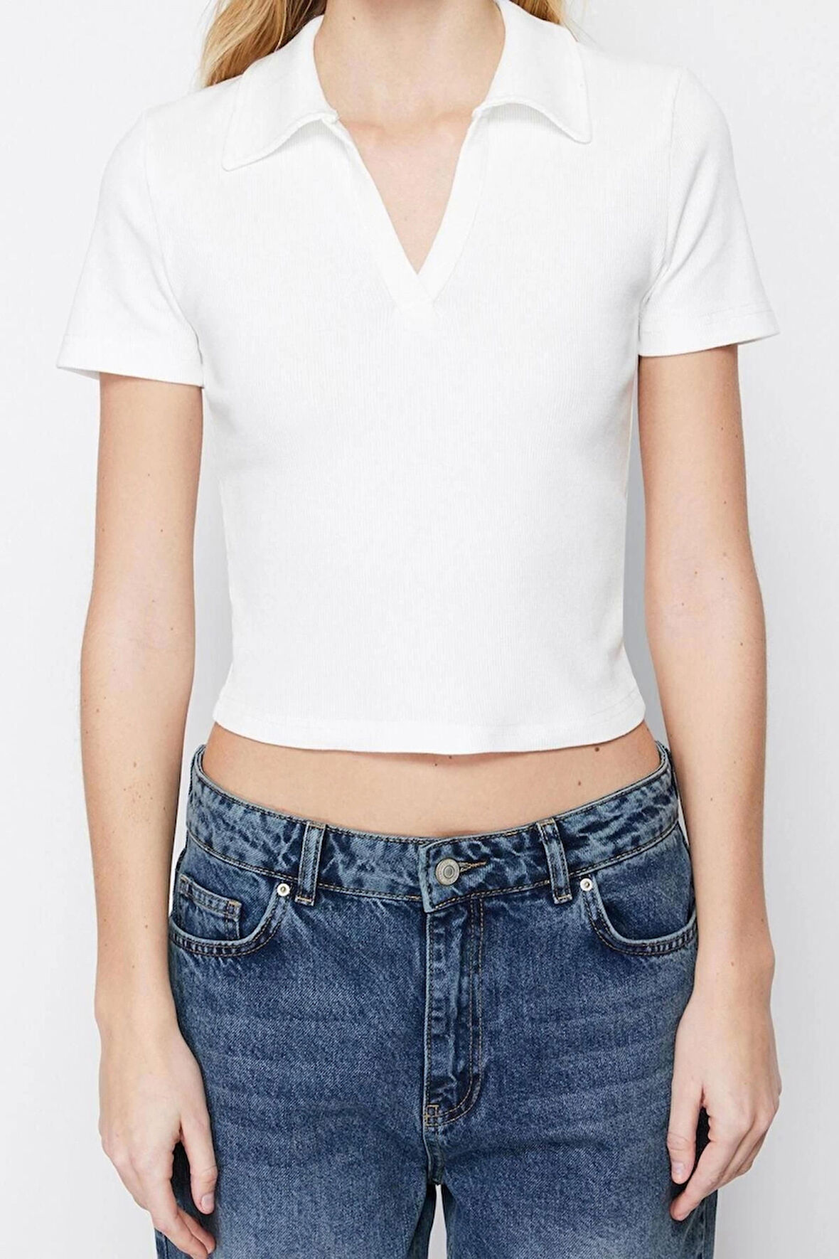 Moda Polo Yaka Örme Slim Slogan Desen Casual Günlük Crop Kısa Kol Bluz