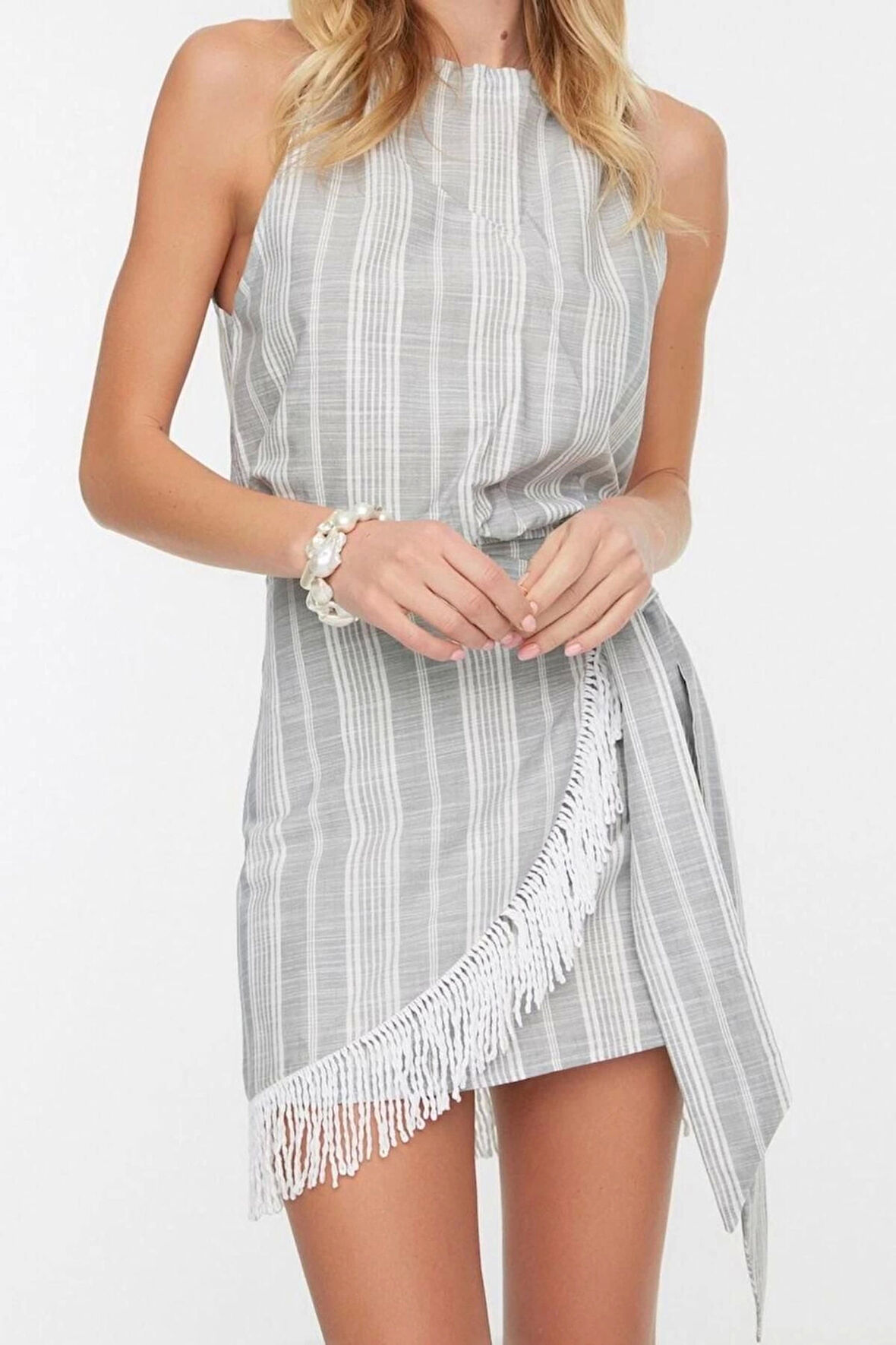 Moda Çizgili Halter Yaka Casual Günlük Gri Çizgili Dokuma Püsküllü Bluz Etek Takım