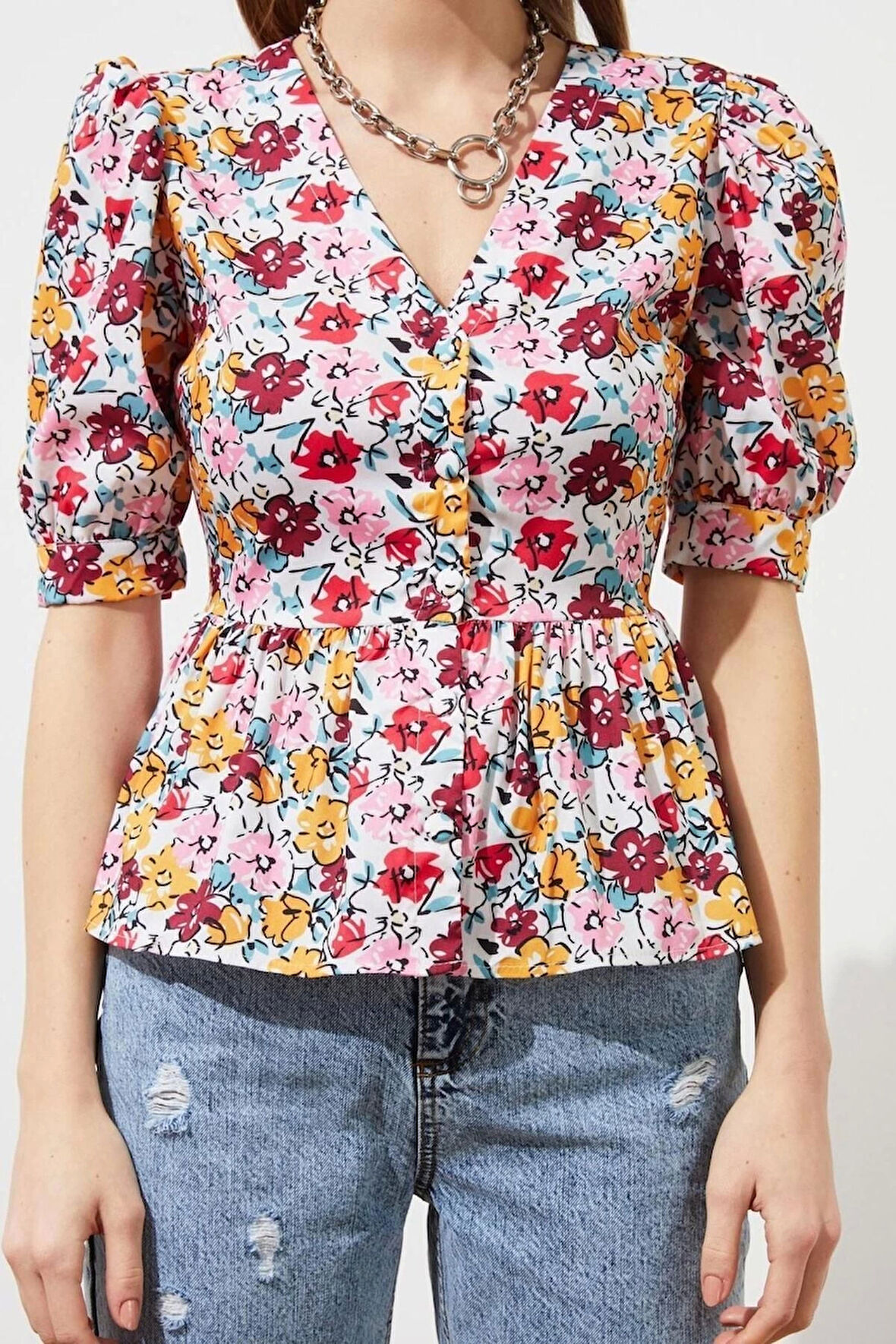 Moda Kadın V Yaka Çiçekli Desen Günlük Çiçek Desenli Kısa Kollu Fitted Bele Oturan Dokuma Gömlek