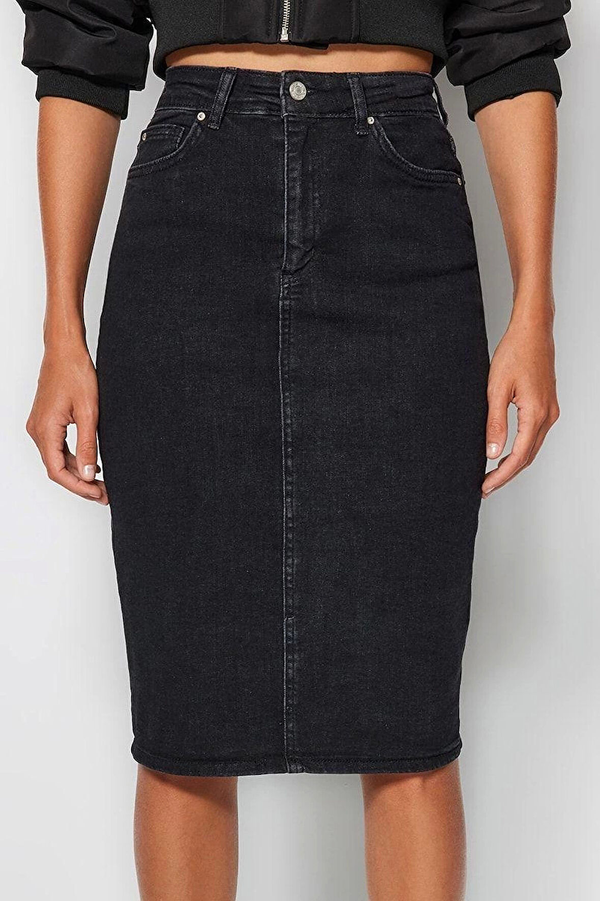 Modern Tarz Astarsız Denim Midi Boy Yüksek Bel Midi Kalem Denim Etek