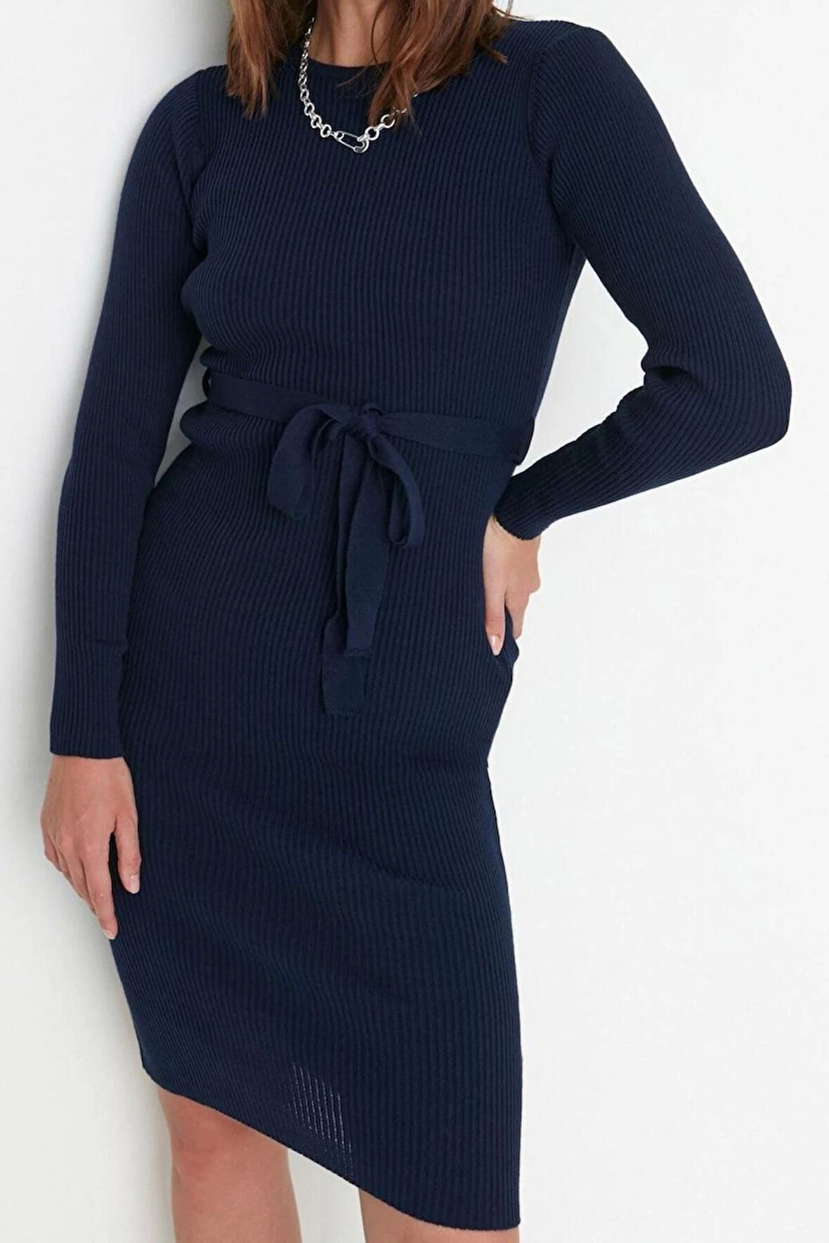 Moda Slim Casual Günlük Fitilli Triko Bisiklet Yaka Uzun Kol A-Line Midi Boy Elbise