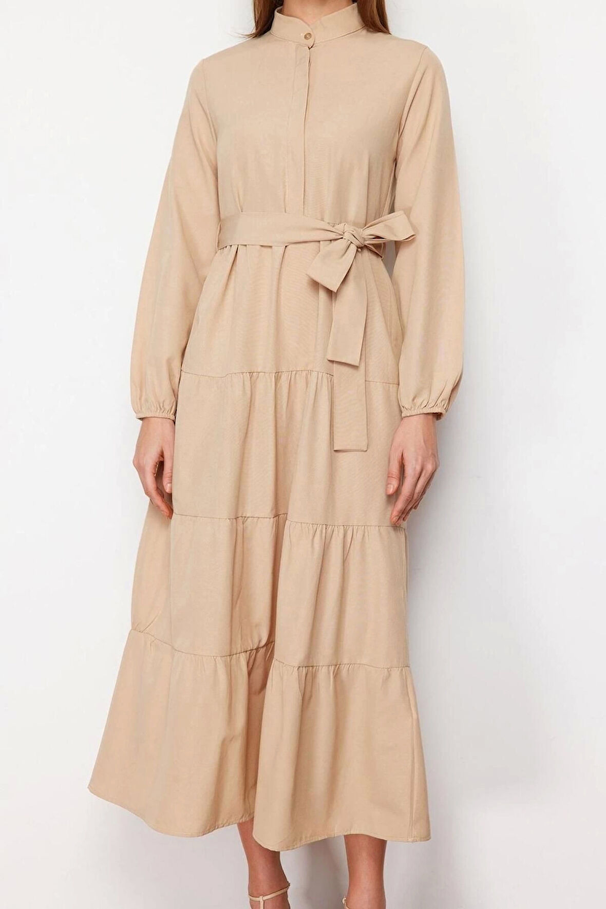 Moda Rahat Casual Günlük Terrycotton Dokuma Dik Yaka Uzun Kol Basic Maxi Boy Tesettür Elbise