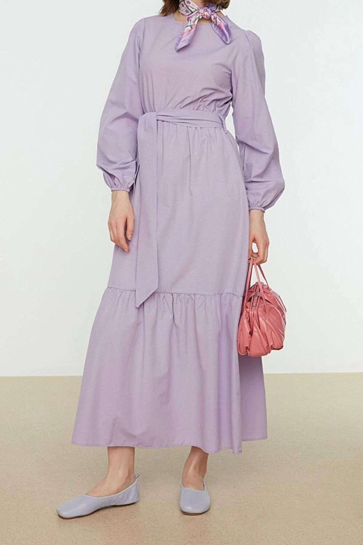 Moda Regular Casual Günlük Terrycotton Dokuma Bisiklet Yaka Uzun Kol Skater Maxi Boy Tesettür Elbise