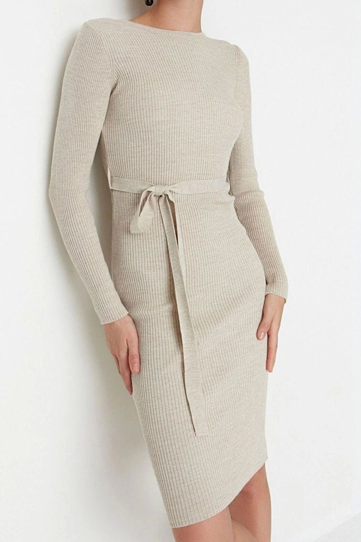 Moda Slim Casual Günlük Fitilli Triko Bisiklet Yaka Uzun Kol A-Line Midi Boy Elbise
