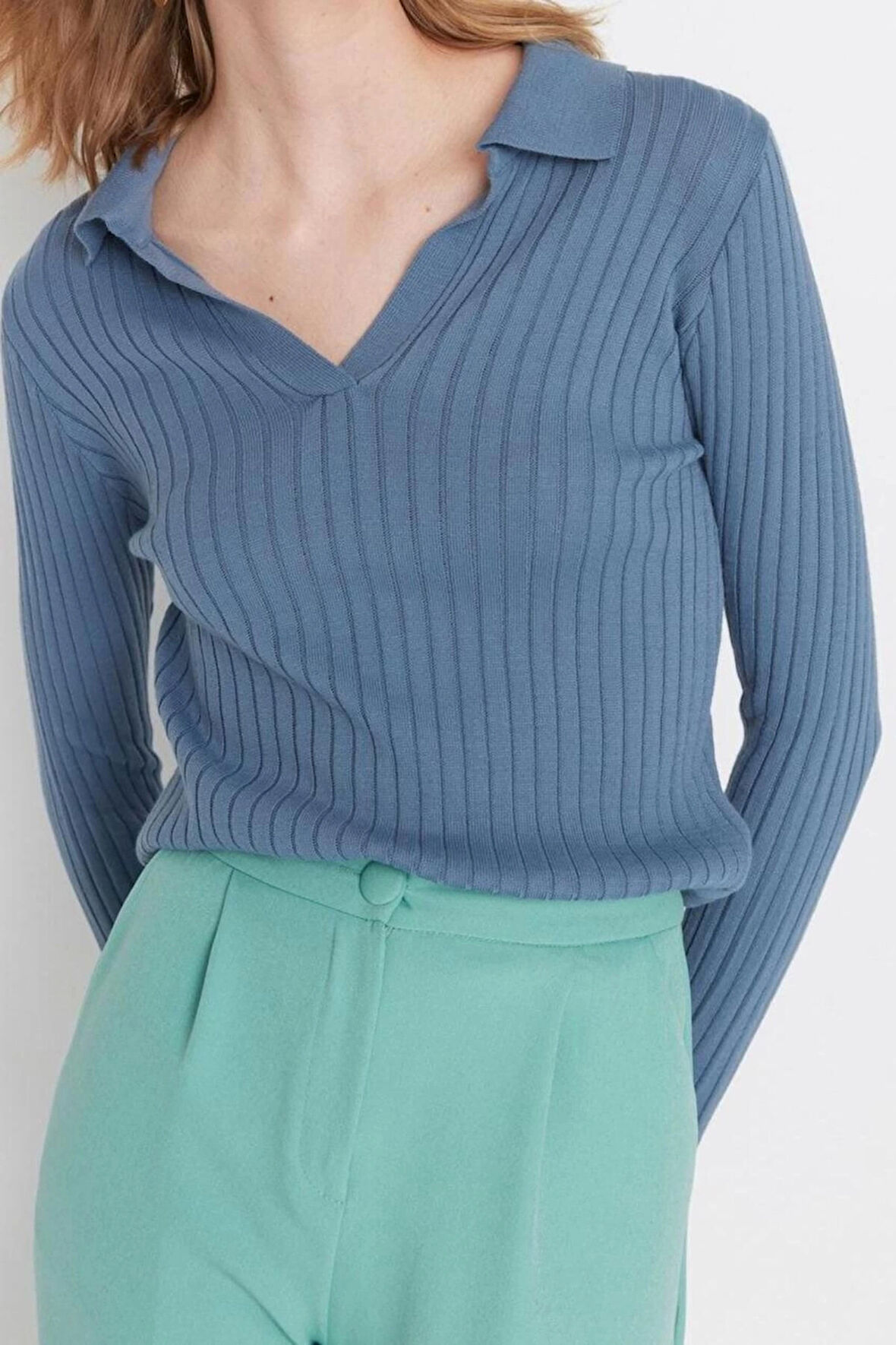 Kadın Modern Tarz Rahat Uzun Polo Yaka Düz Kol Regular Triko Kazak