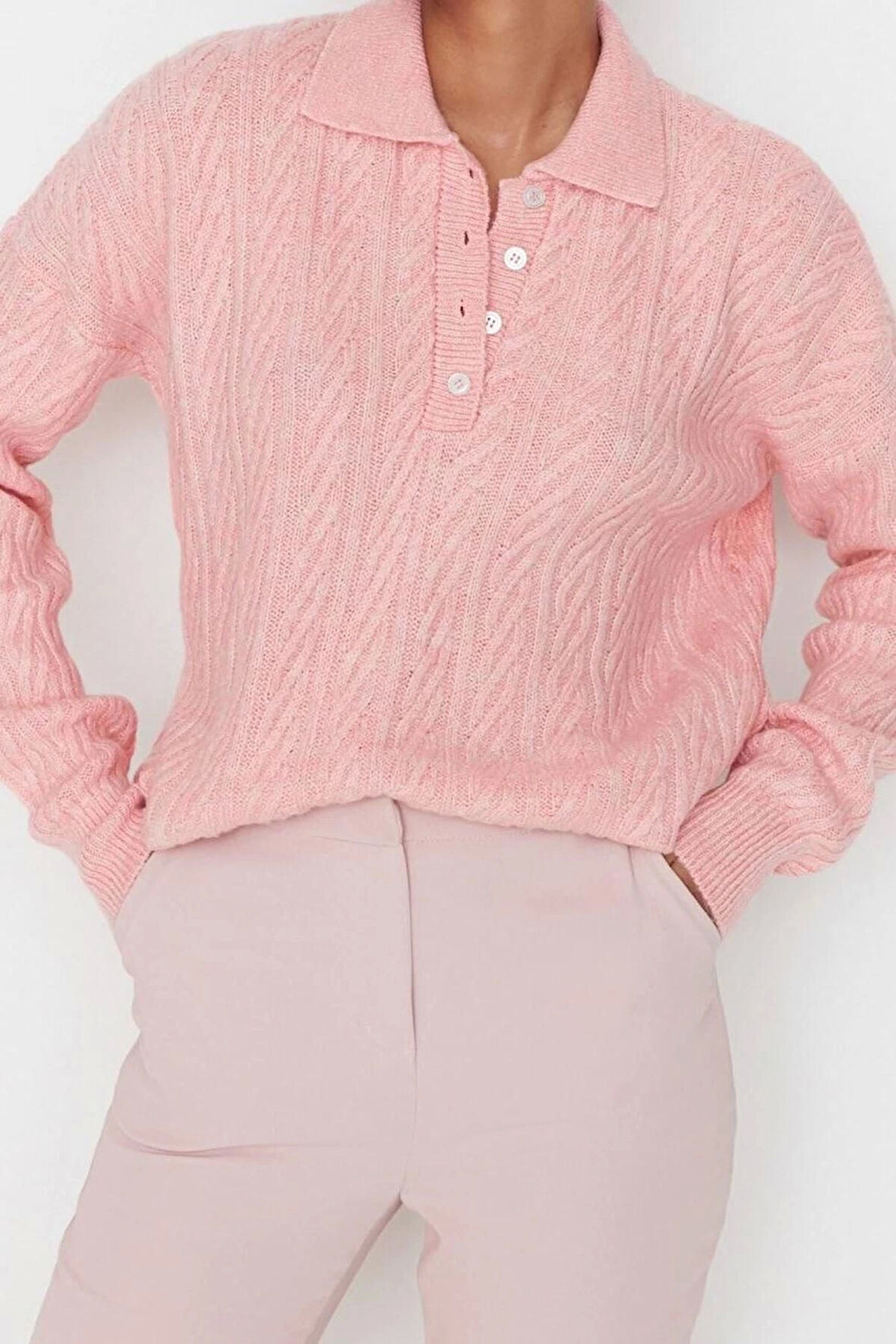 Kadın Modern Tarz Rahat Uzun Polo Yaka Saç Örgü Kol Regular Triko Kazak