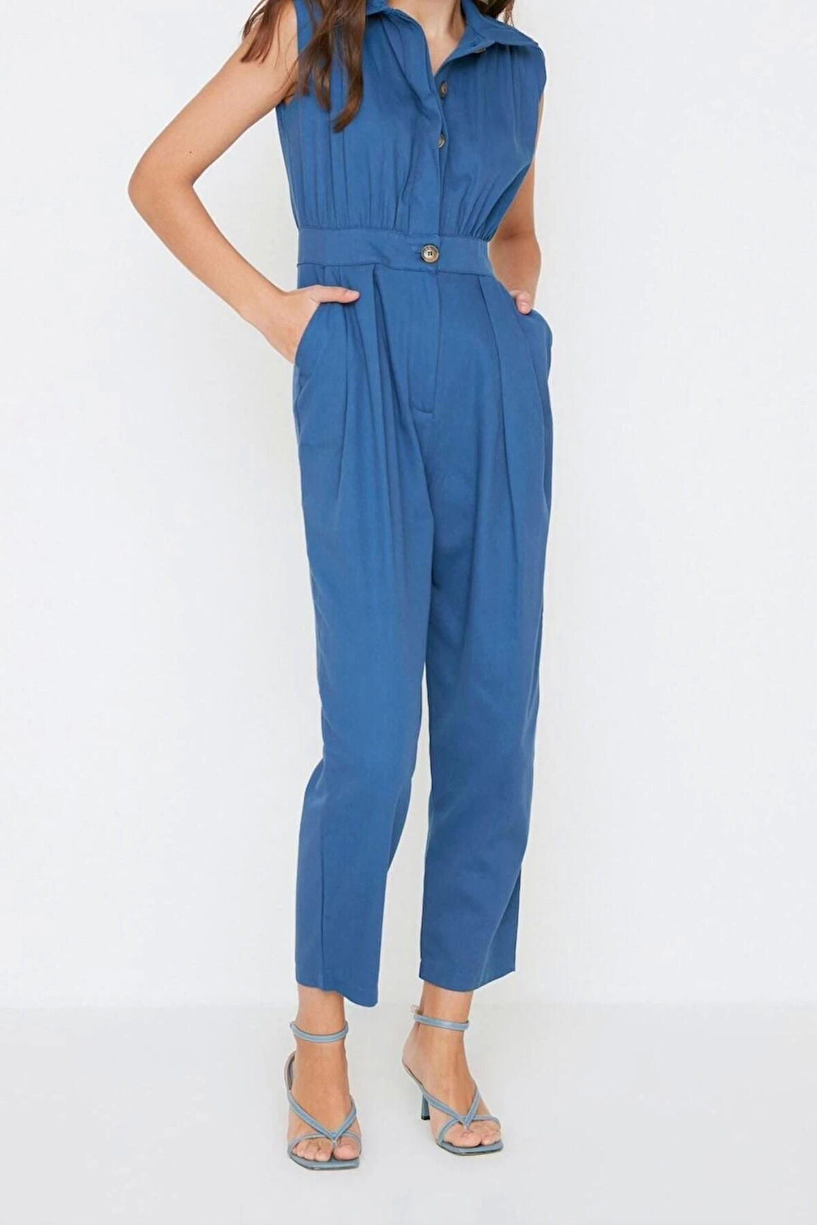 Kadın Moda Standart Kol Geniş Paça Gömlek Yaka Maxi Gömlek Yaka Kolsuz Gabardin Dokuma Tulum