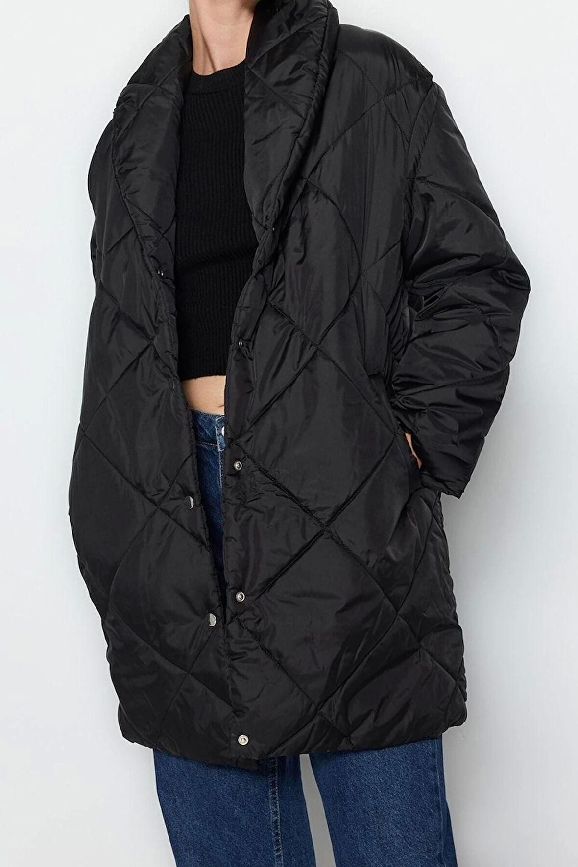 Tasarım Düz Astarlı Yaka Midi Oversize Ceket Kadın Oversize Kapitone Şişme Mont