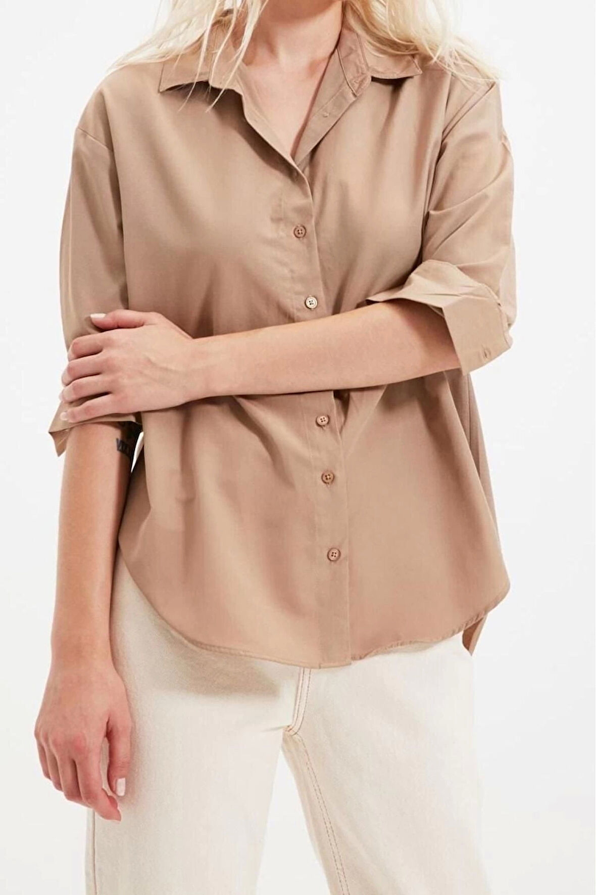Moda Kadın Gömlek Yaka Düz Desen Günlük Loose Fit Dokuma Gömlek