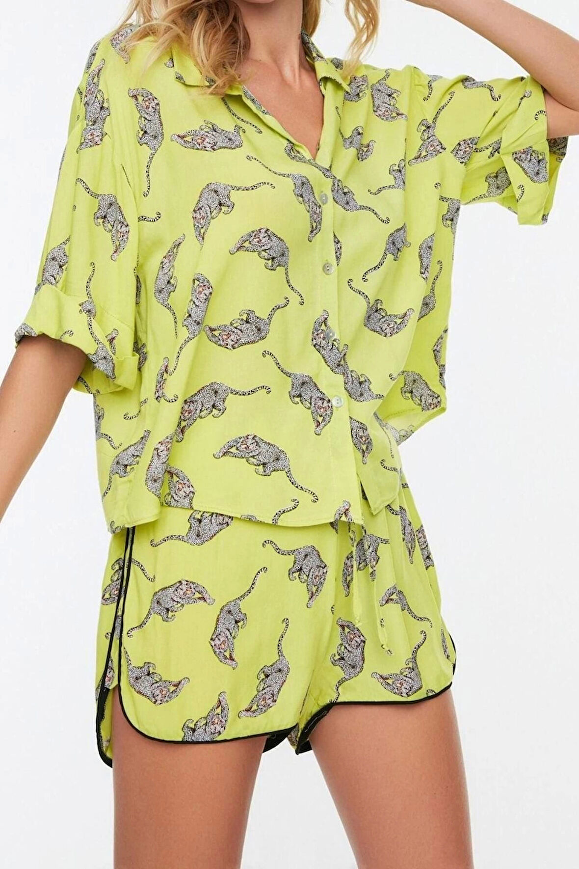 Moda Dokuma Manzara Gömlek Yaka Plaj Tropikal Desenli Dokuma Gömlek Şort Takım